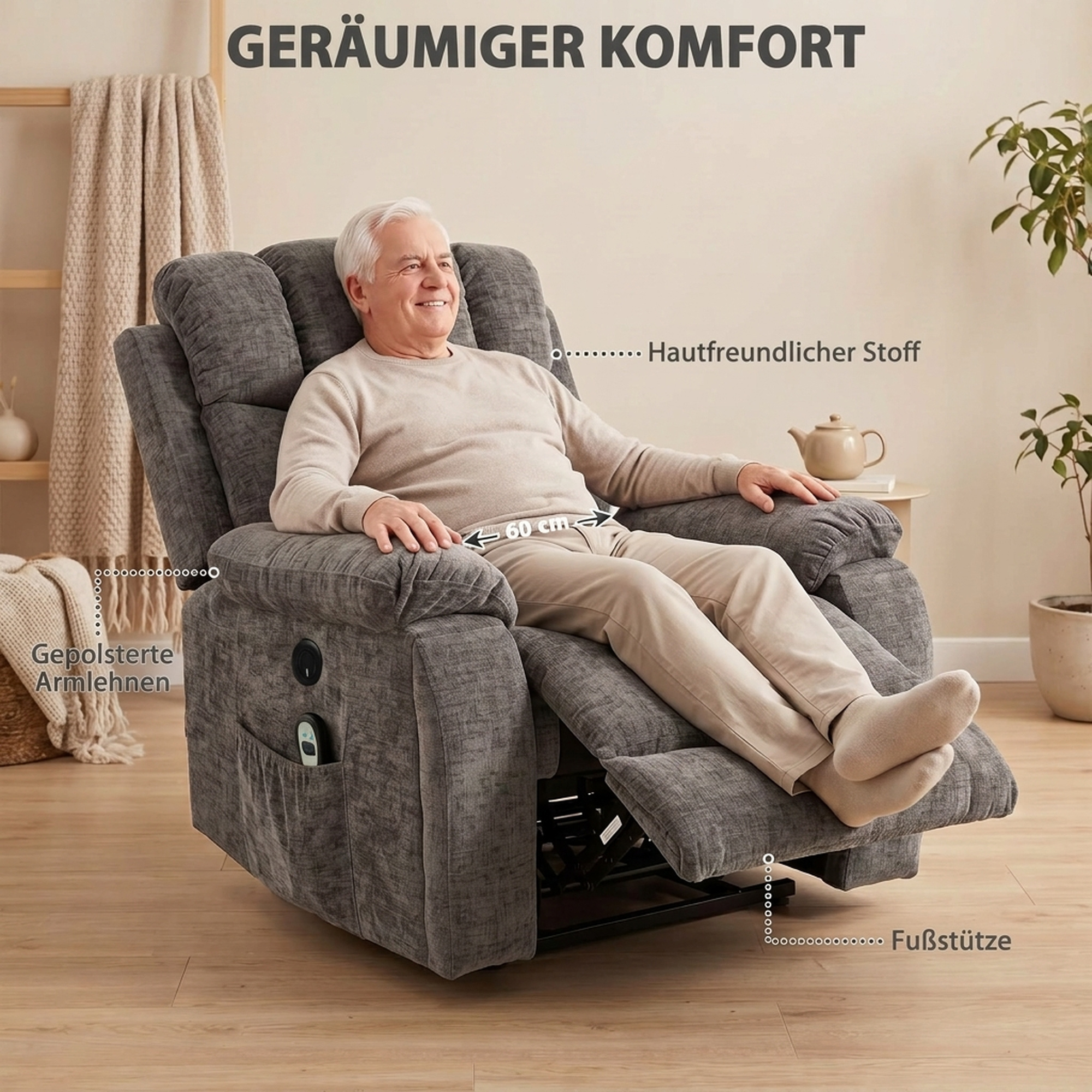 Relaxsessel Fernsehsessel mit Aufstehhilfe, Massage & Wärme, Seniorensessel mit breiter, tiefer Sitzfläche, USB-Anschluss