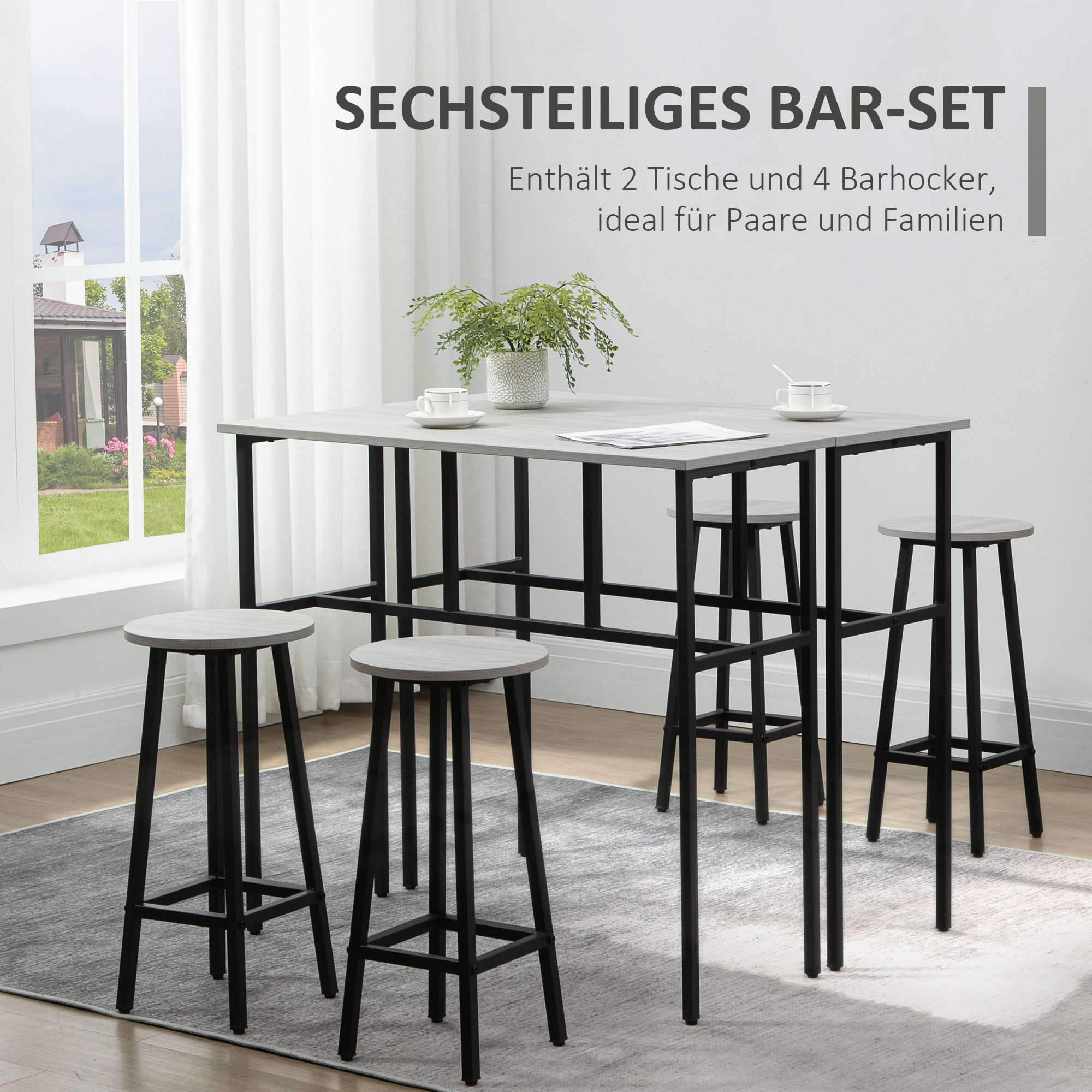Bartisch-Set im Industriedesign, 6-teilig, 2 Tische und 4 Barhocker, Grau + Schwarz