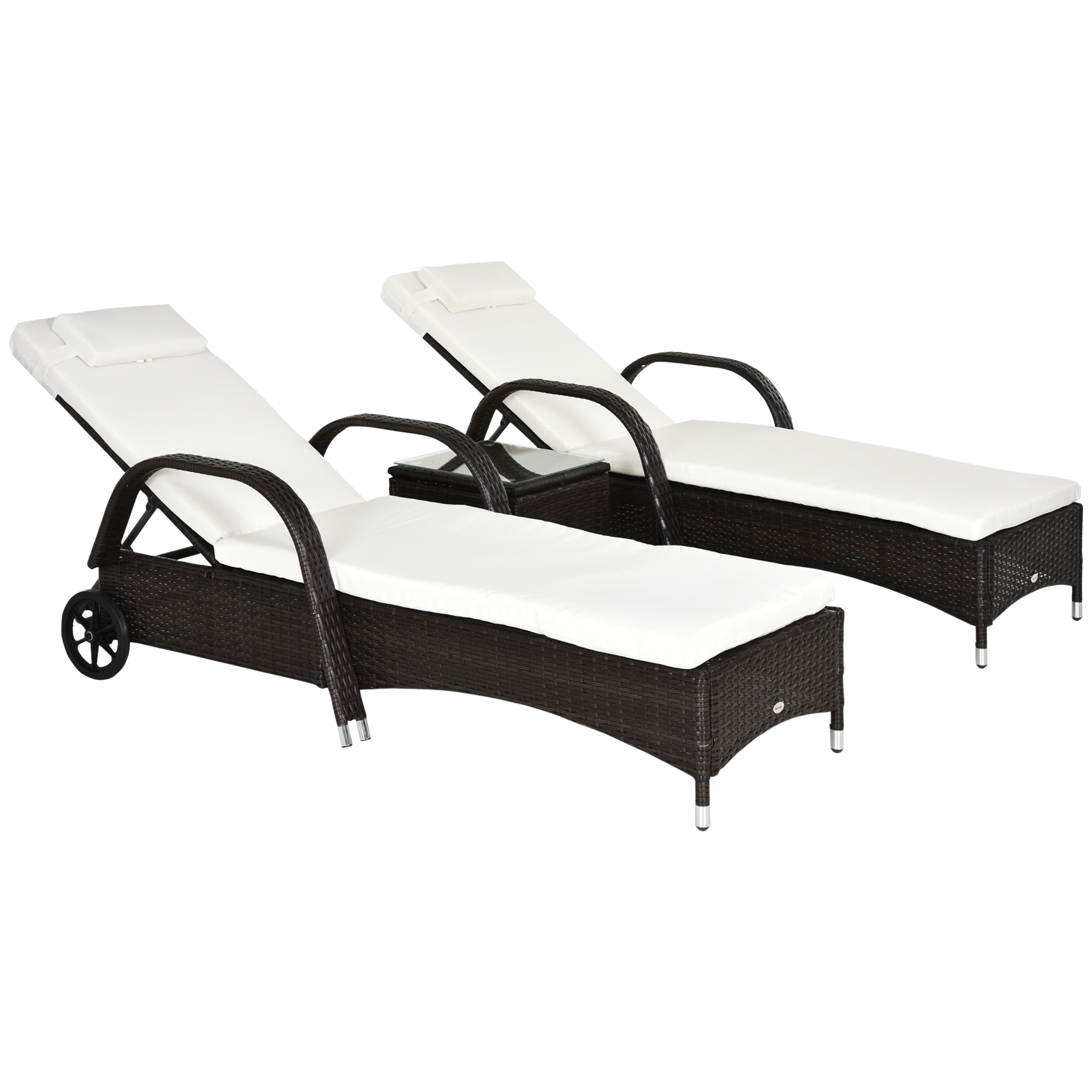 3er-Sonnenliegen-Set, 2x Gartenliege mit Beistelltisch, inkl. Liegeauflagen, Polyrattan, Braun+Cremeweiß