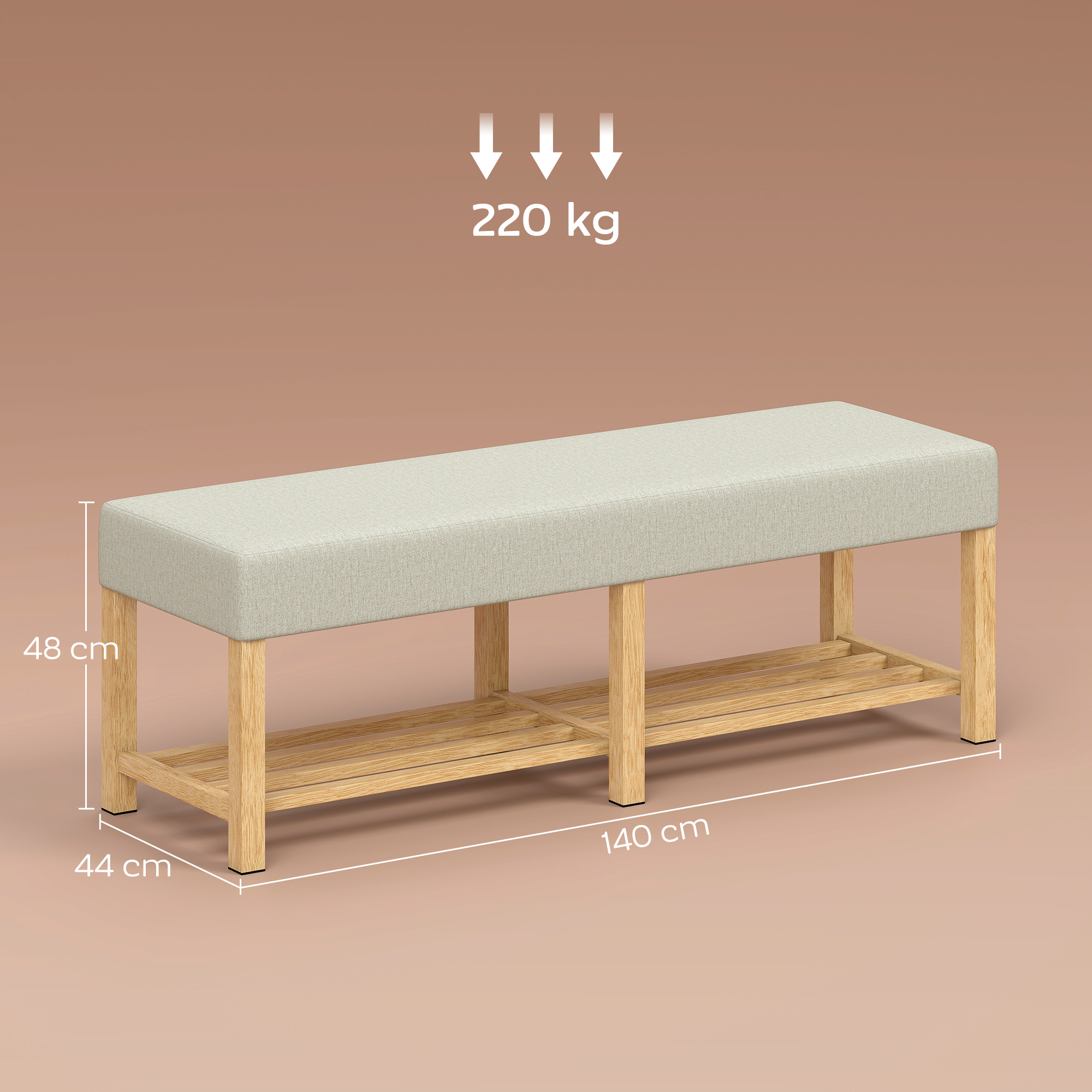 140 cm Schuhbank aus Massivholz, moderne Flurbank mit gepolsterter Sitzfläche für zwei Personen, Naturholz und Cremeweiß