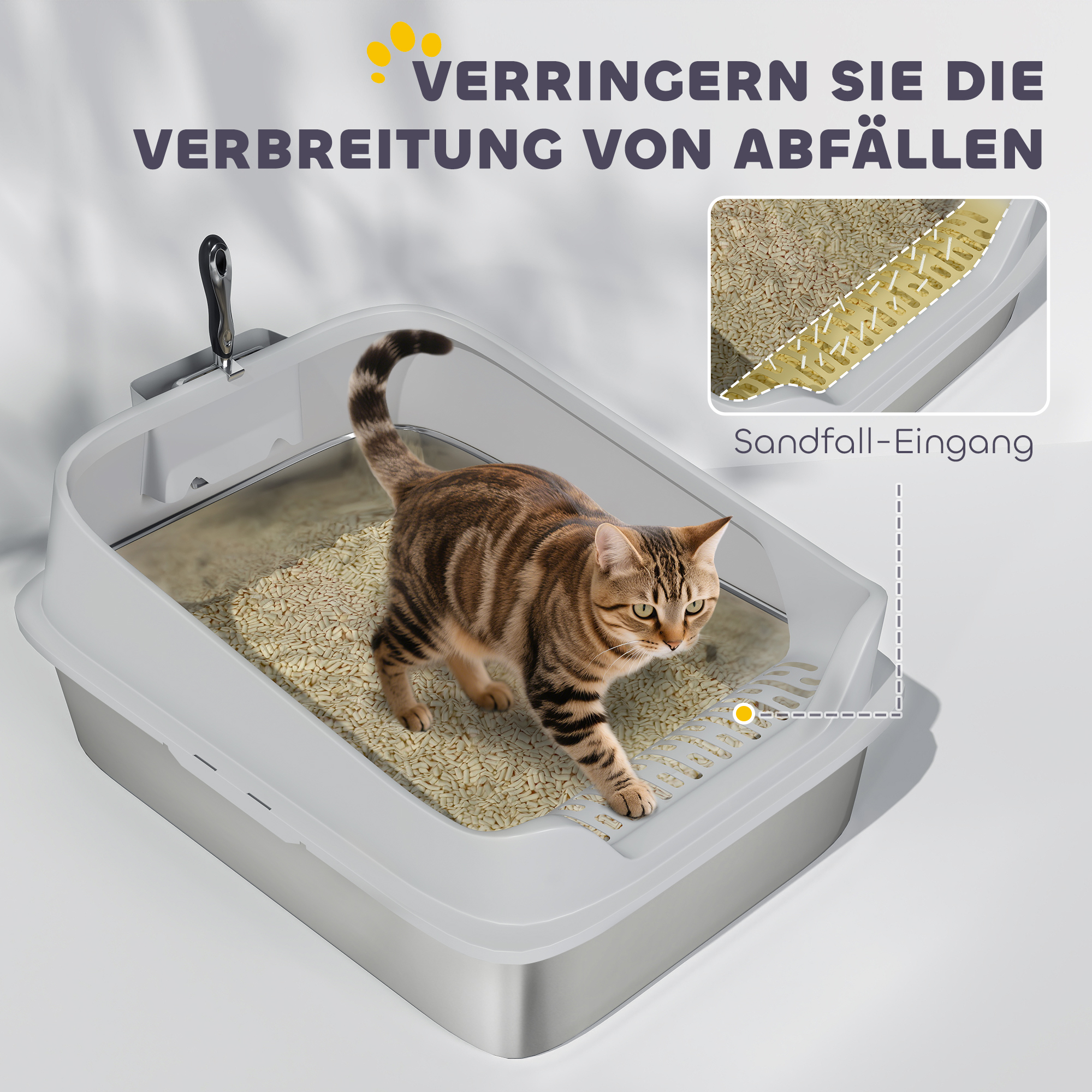 Katzentoilette Edelstahl Offene Katzenklo mit Schaufel hohem Rand für große Katzen bis 12 kg 69,8 x 50,3 x 29,8 cm Grau