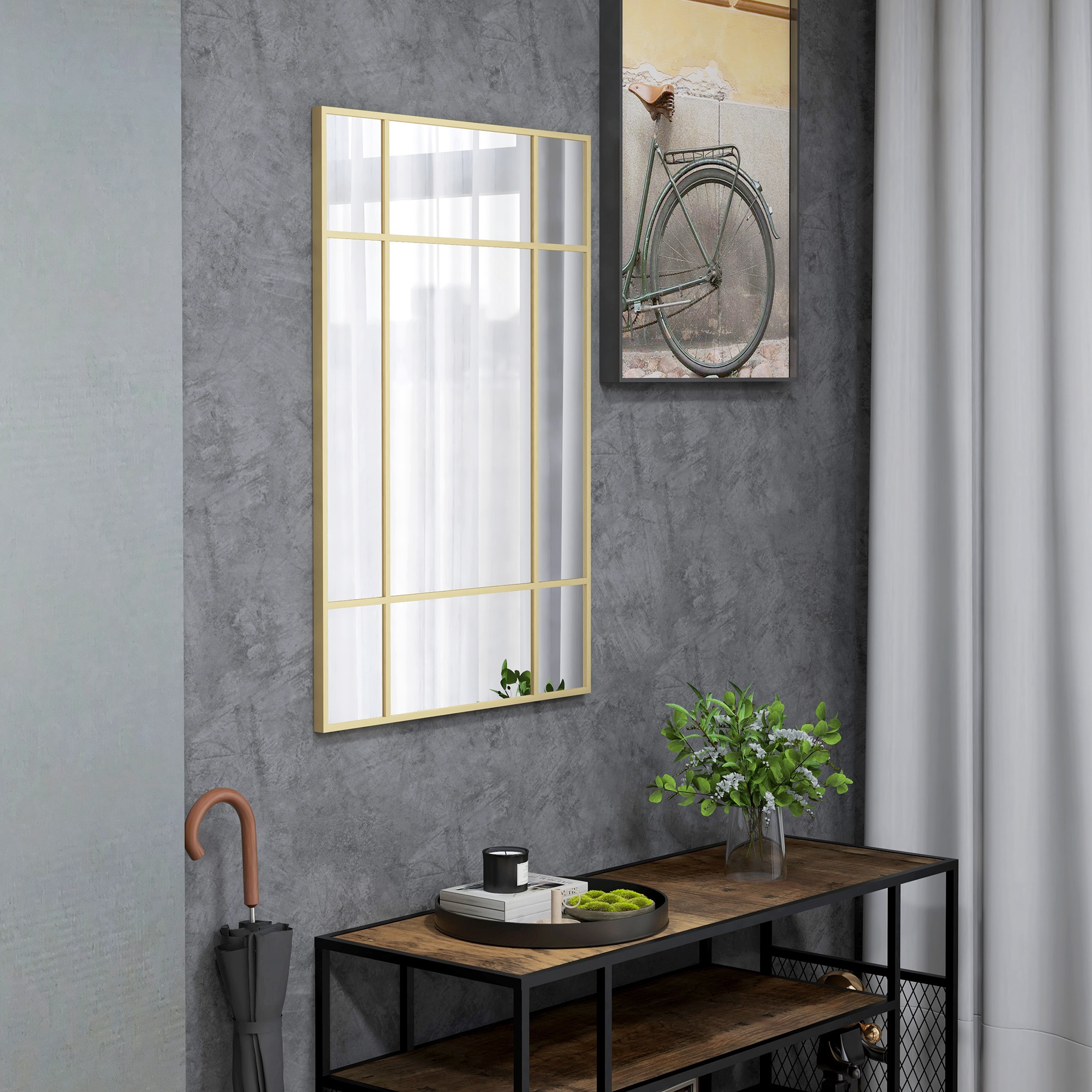 Wandspiegel, dekorativer Spiegel mit Metallrahmen, goldfarbene Streifen, Mehrschichtglas, 90B x 2T x 60H cm