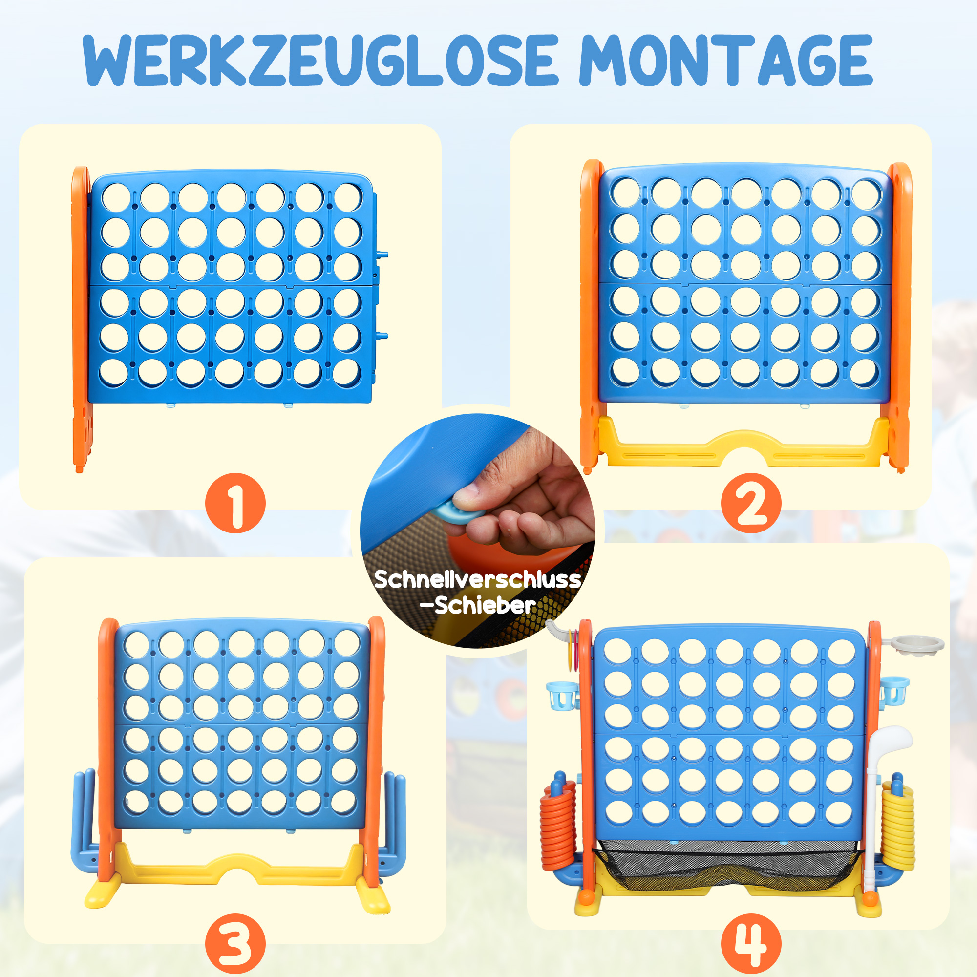 4-in-1 Spiele-Set, Vier Gewinnt, höhenverstellbar, Netz-Tasche, Kunststoff, Bunt