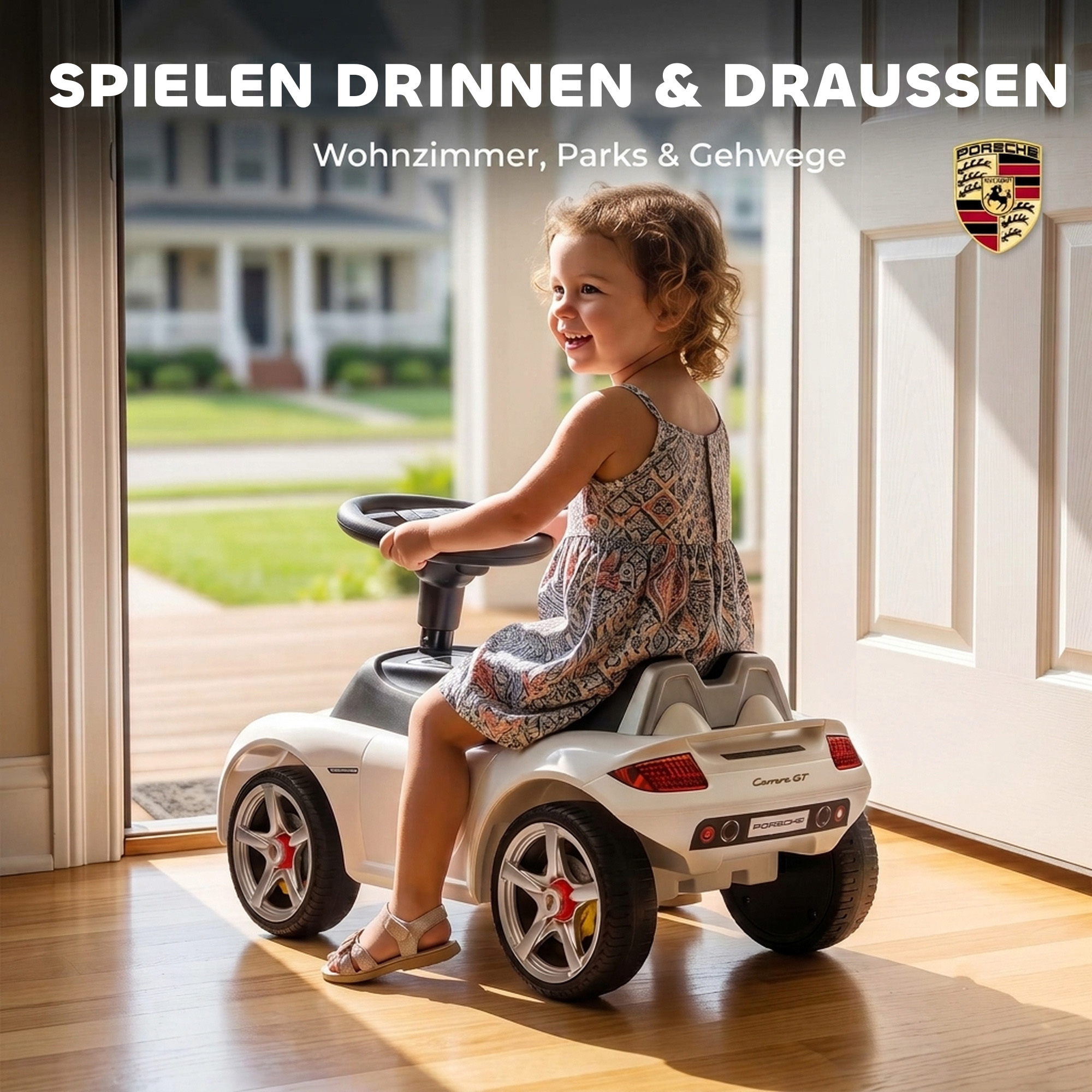 Rutschauto Kinder Porsche Rutschfahrzeug mit Hupe Licht Motorgeräuschen, für 18–36 Monate, Weiß