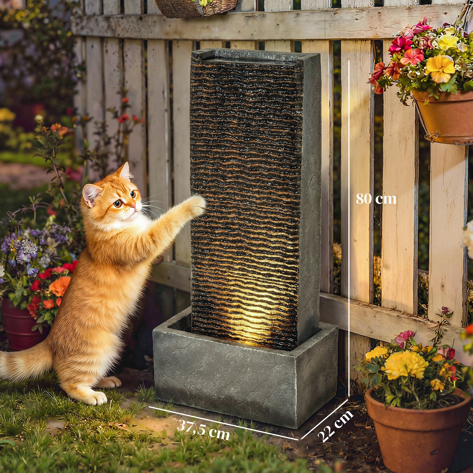 Springbrunnen 2-stufig Gartenbrunnen mit LED Beleuchtung Pumpe Granitoptik 37,5 x 22 x 80 cm