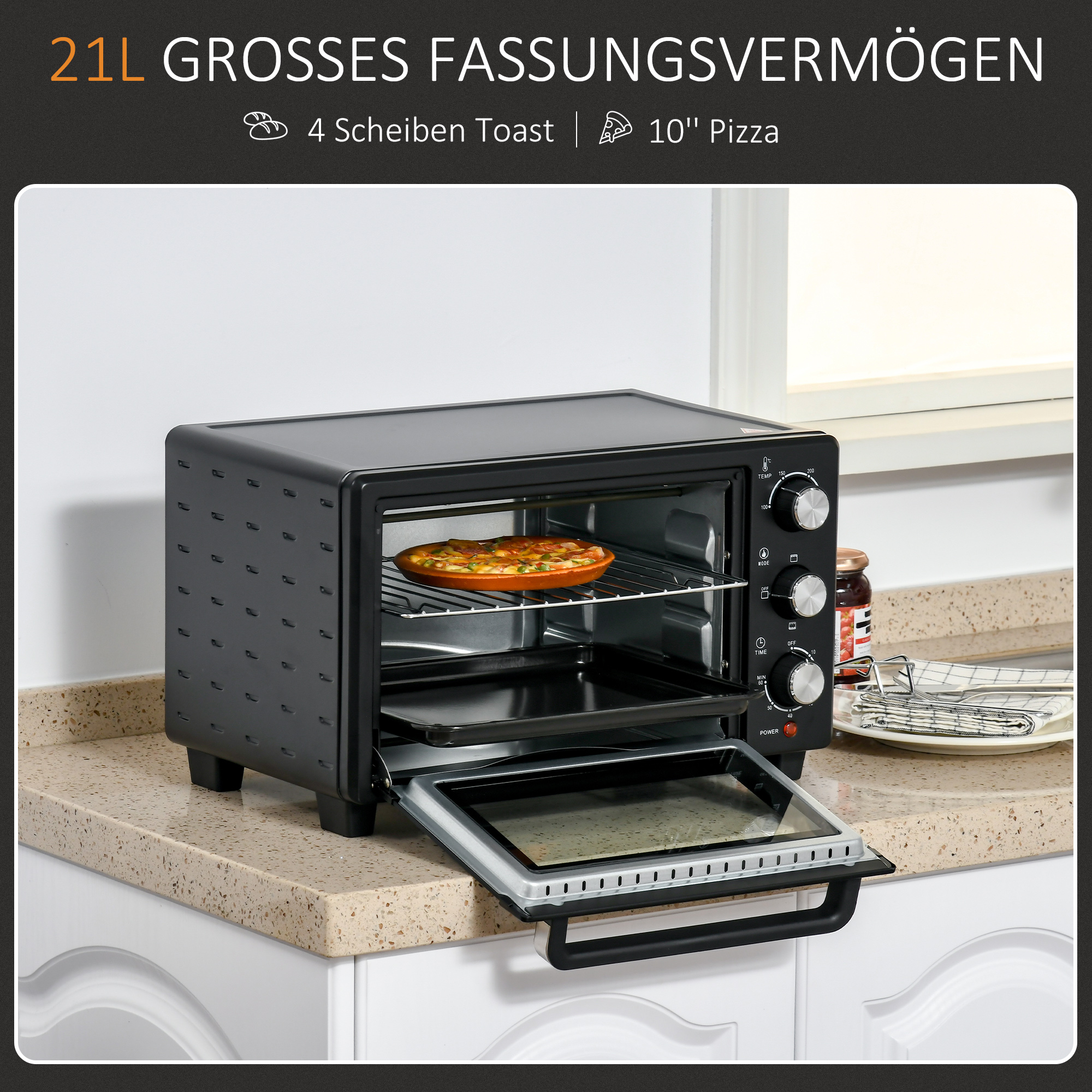 Minibackofen, 21 L Toasterofen mit 1 Drahtgestell und 1 Backblech, 3 Kochmodi, 100 °C-230 °C, Edelstahl, Glas, Schwarz