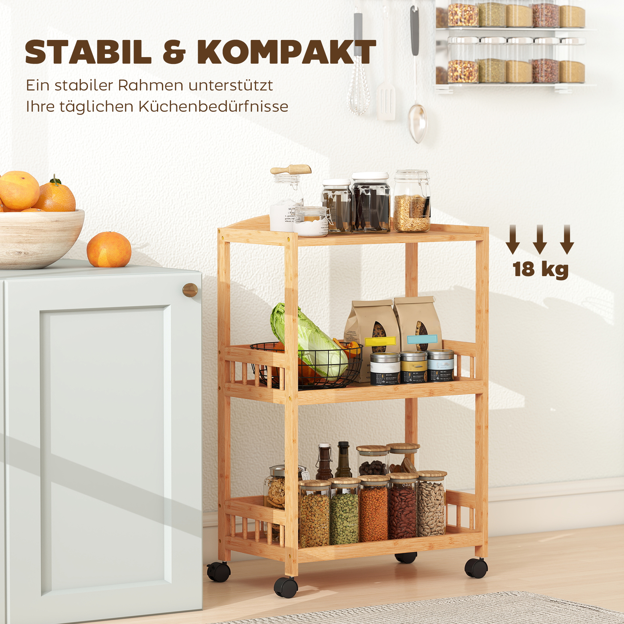 Küchenwagen Rollwagen mit 3 Ebenen, Servierwagen mit Stauraum Küchenregal auf Rollen, für Küche Bad Büro Naturholz