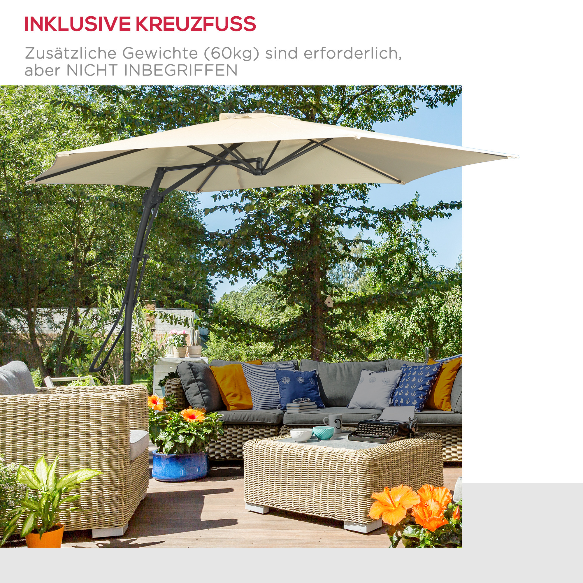 Ampelschirm Ø293cm Sonnenschirm mit Seitenhebel Kreuzbasis, Windschutz Wasserabweisend Cremeweiß