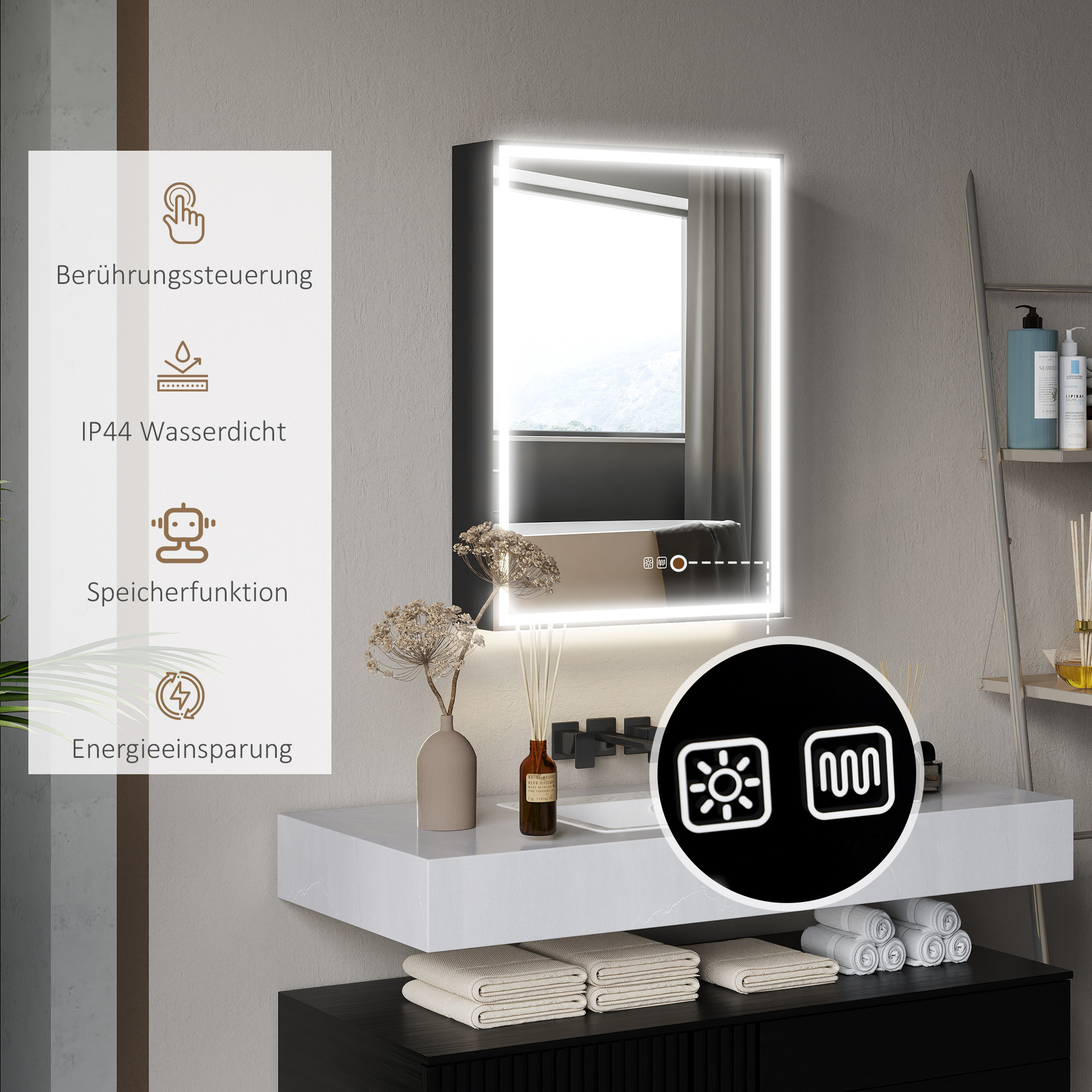 Spiegelschrank, Badschrank mit LED, 50 x 70 cm, dimmbar, Anti-Beschlag, Schwarz