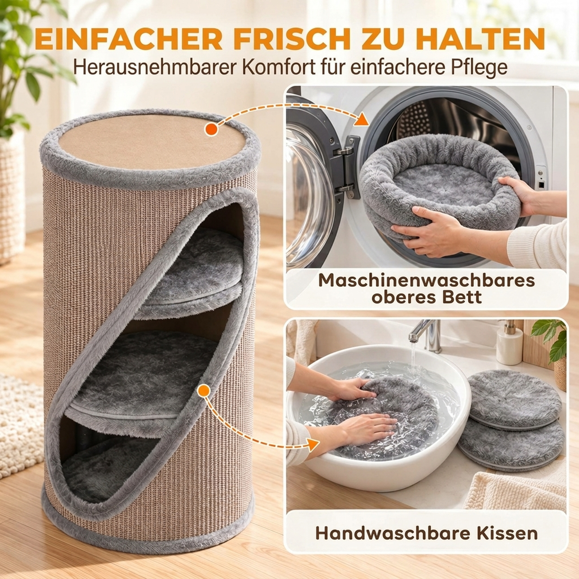 Kratztonne 75 cm Hoch Ø 35 cm 4-Stufige Katzentonne mit 3 Höhlen, abnehmbarem waschbarem Plüschbett Sisal-Kratzfläche
