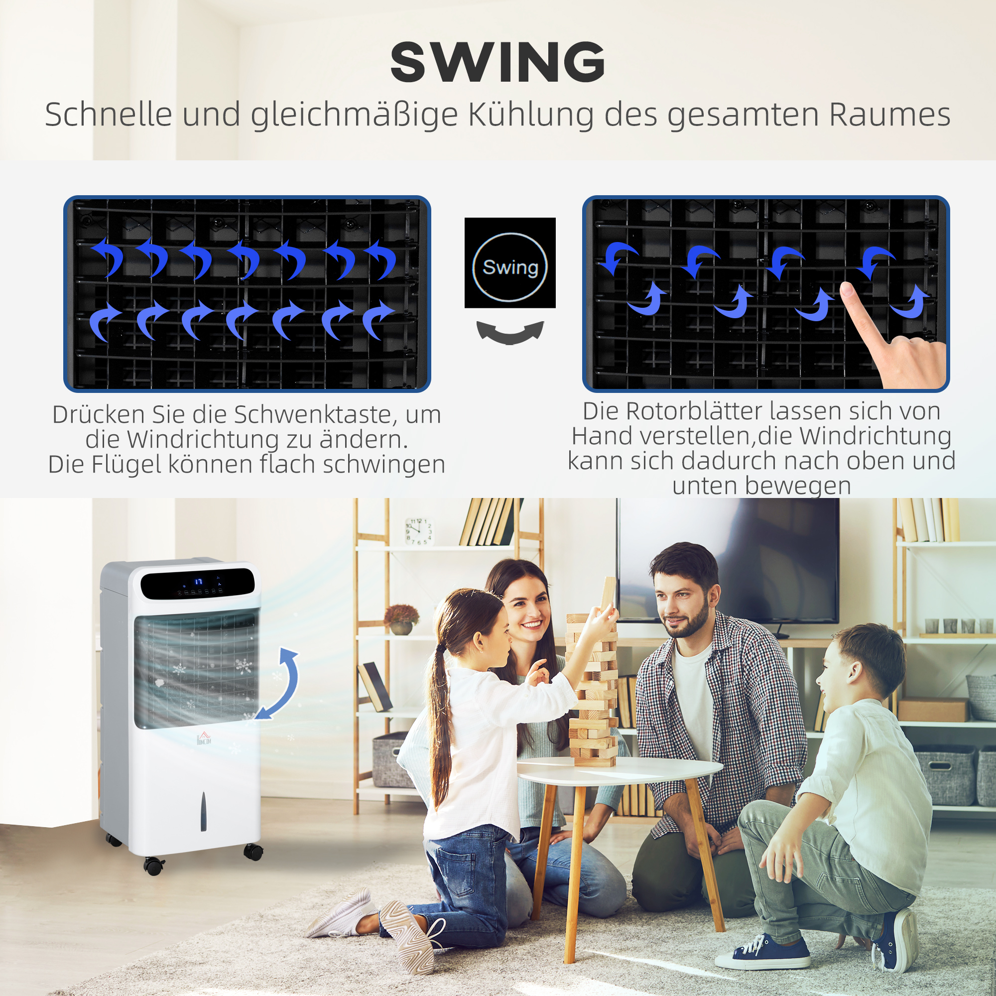 Klimaanlage mit Wasserkühlung Fernbedienung 3 Modi, 3 Geschwindigkeiten, 12 Std-Timer, LED-Anzeige, 38x35x81 cm Weiß