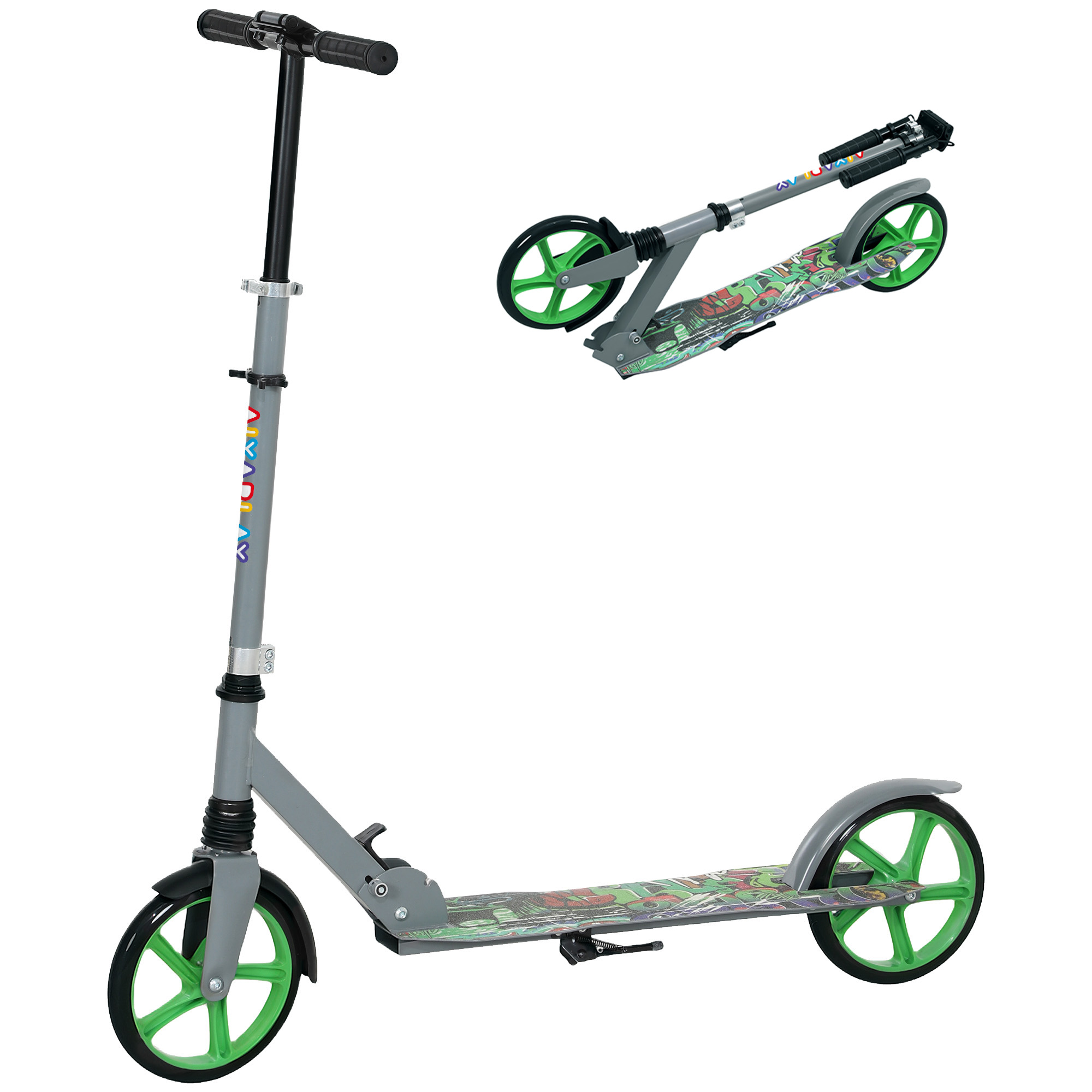 Tretroller, höhenverstellbar, Hinterradbremse, faltbar, 100 kg belastbar, Grün Tretroller, höhenverstellbar, Hinterradbremse, faltbar, 100 kg belastbar, Grün