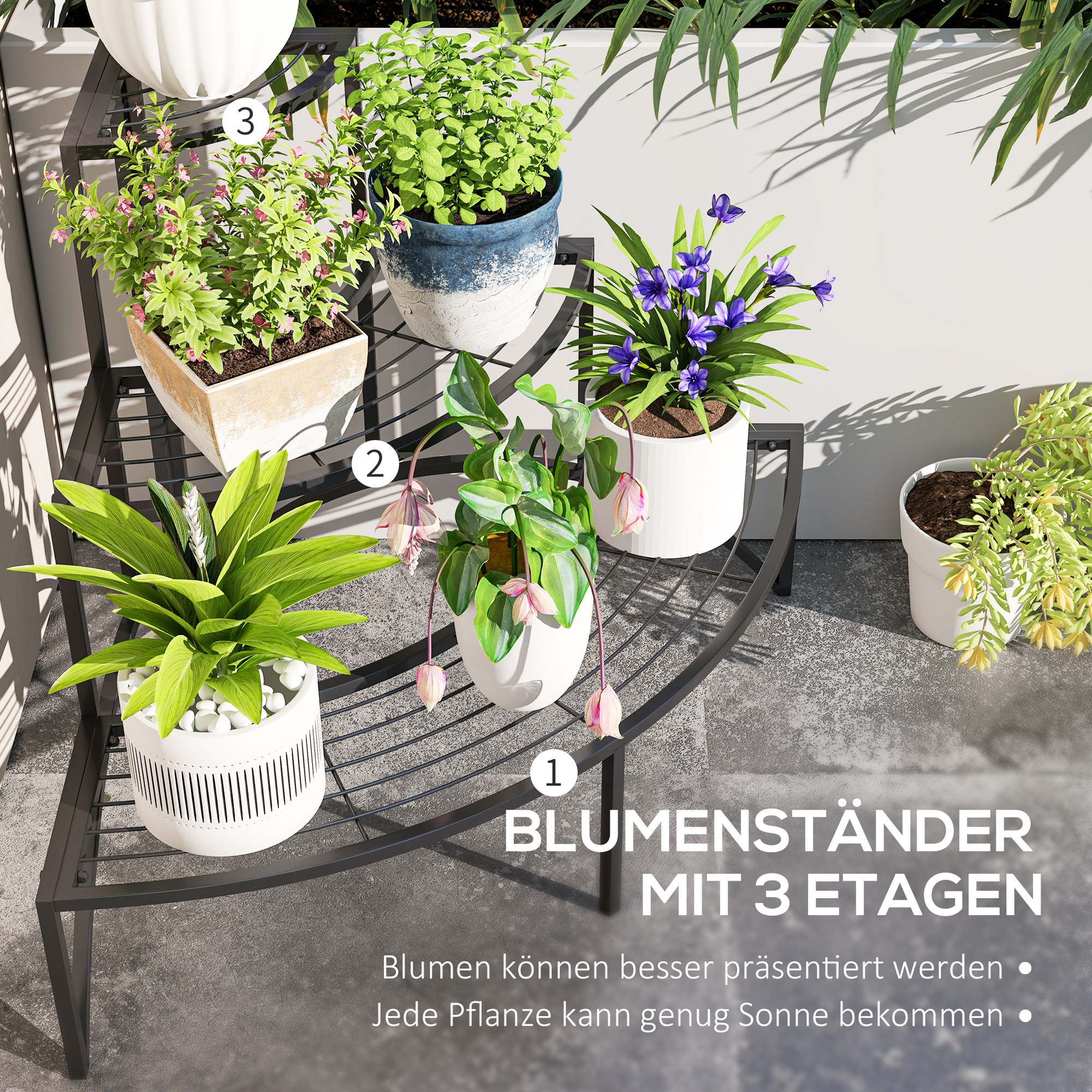 Eckpflanzenständer, Blumenständer mit 3 Ebenen, Metall, für drinnen und draußen, Blumentopfständer, Schwarz
