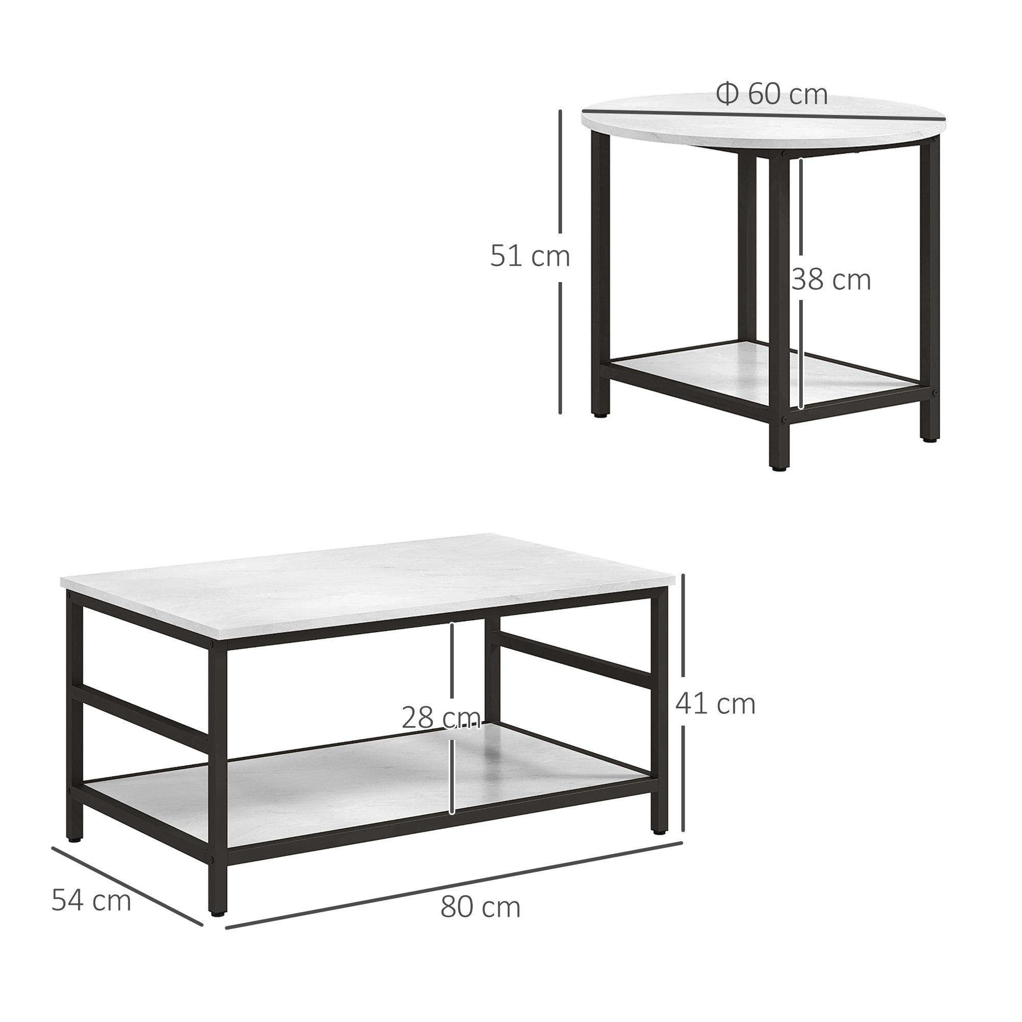 Couchtisch-Set, 2 Beistelltische, Marmoroptik, verstellbare Füße, Stahl, Schwarz/Weiß