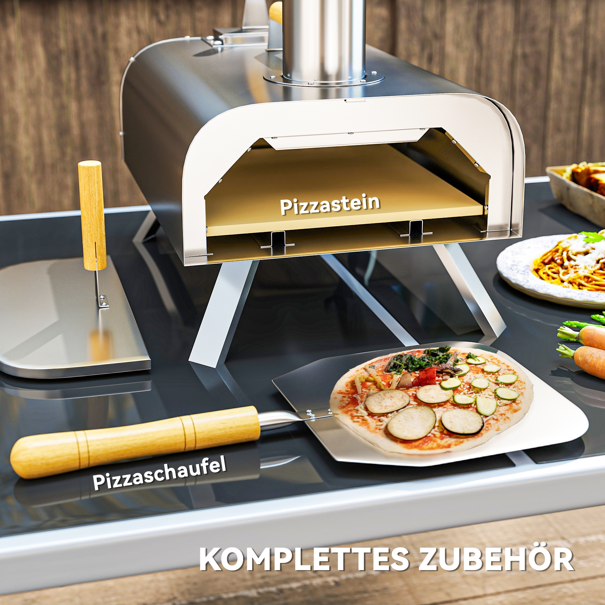 Outdoor-Pizzaofen, Tragbarer Pizza-Ofen mit Pizzastein und Schaufel, klappbare Beine, Schornstein, Edelstahl