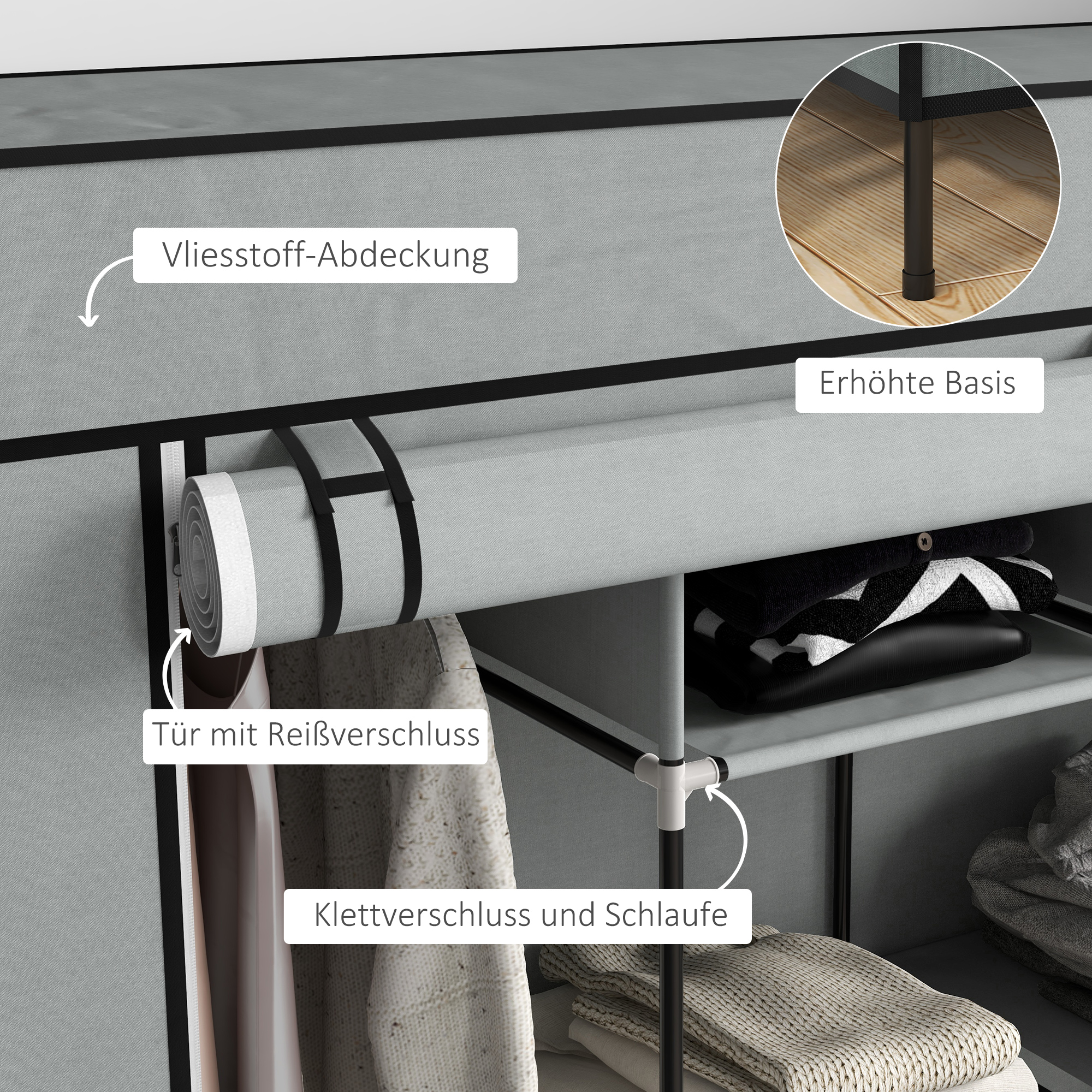 Kleiderschrank Stoffschrank, Türen, 2 Kleiderstangen, 10 Fächer, Grau