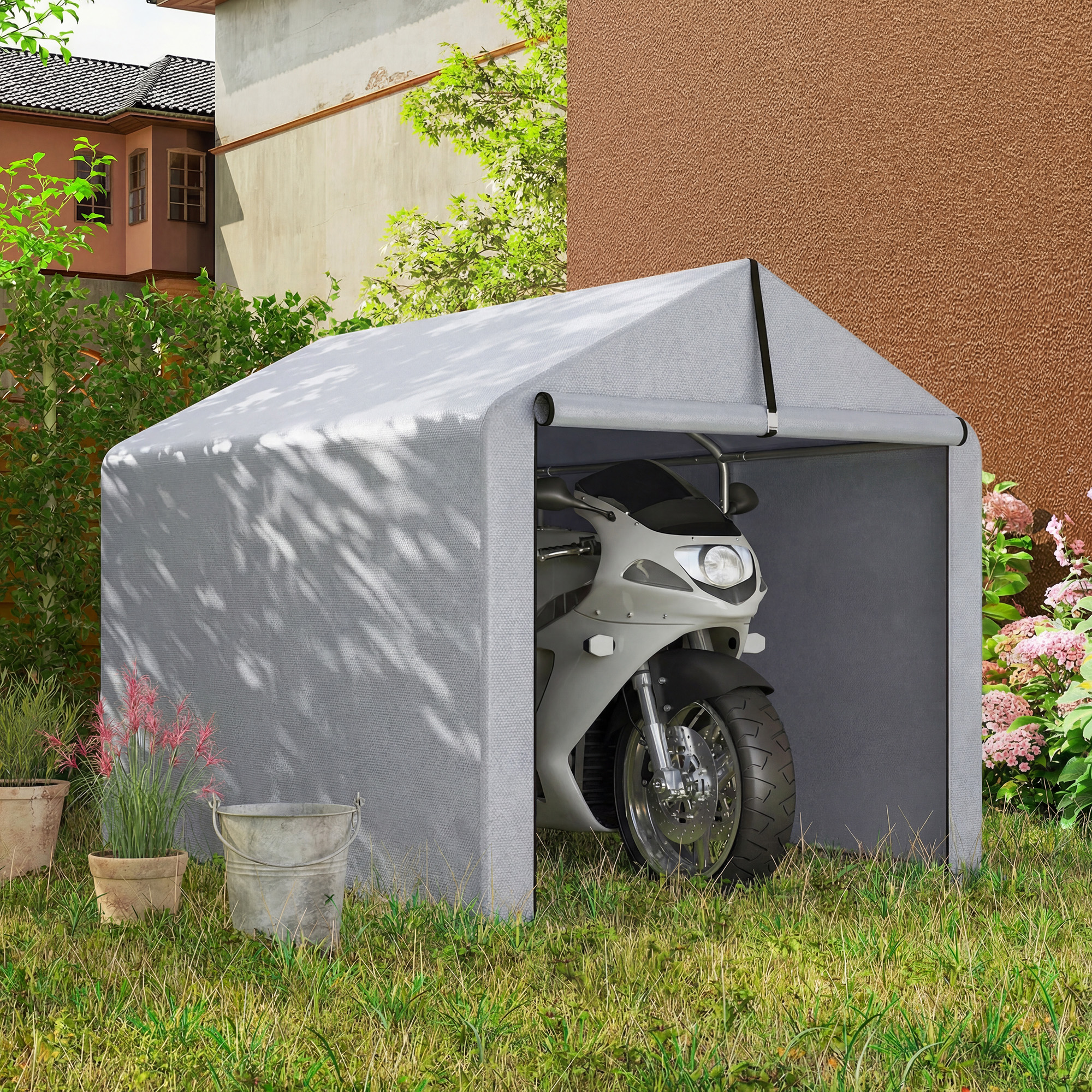 Garagenzelt 2,2 x 1,6 m Wasserdicht Gerätezelt mit Rolltür Satteldach Stahlrahmen, UV-beständig Hellgrau