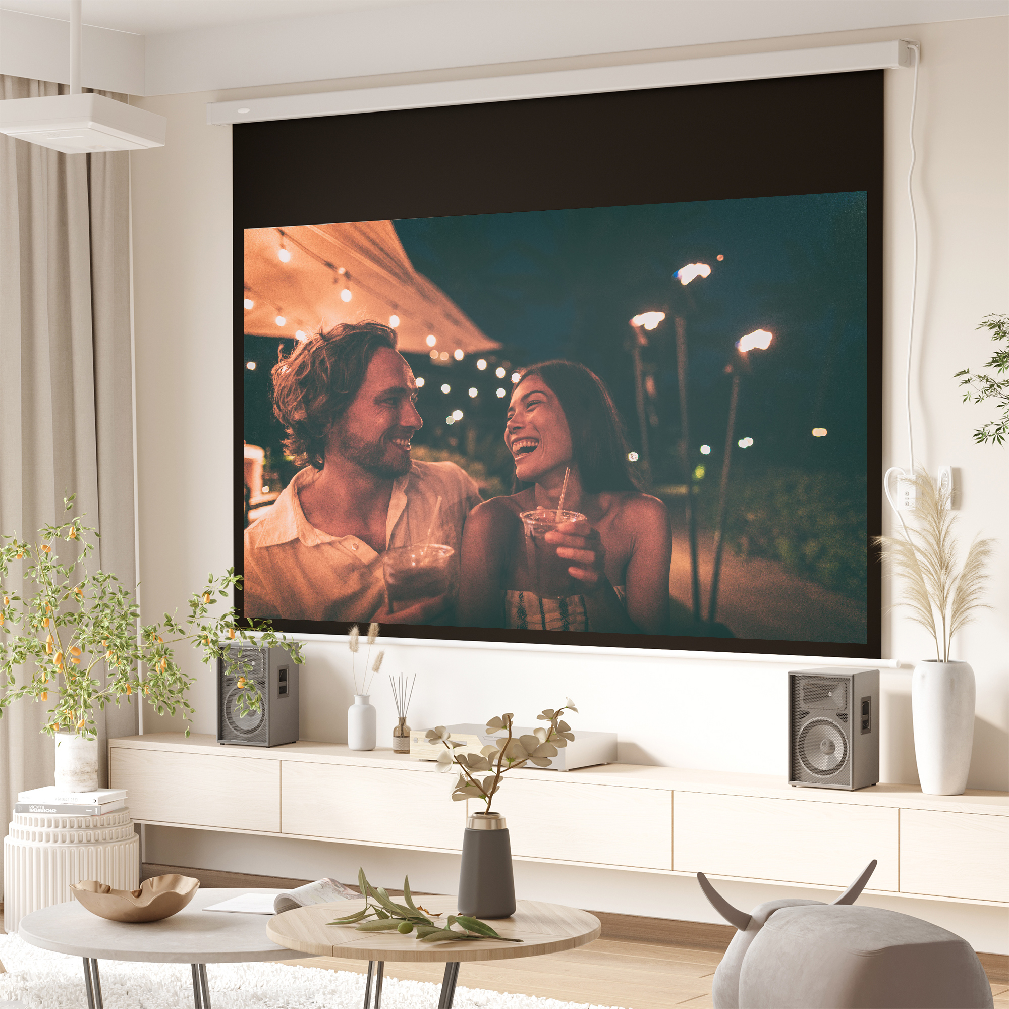 Beamer-Leinwand 247 x 168 cm 100 Zoll 16:9 HD 4K Projektionsleinwand Elektrisch mit Fernbedienung, Weiß