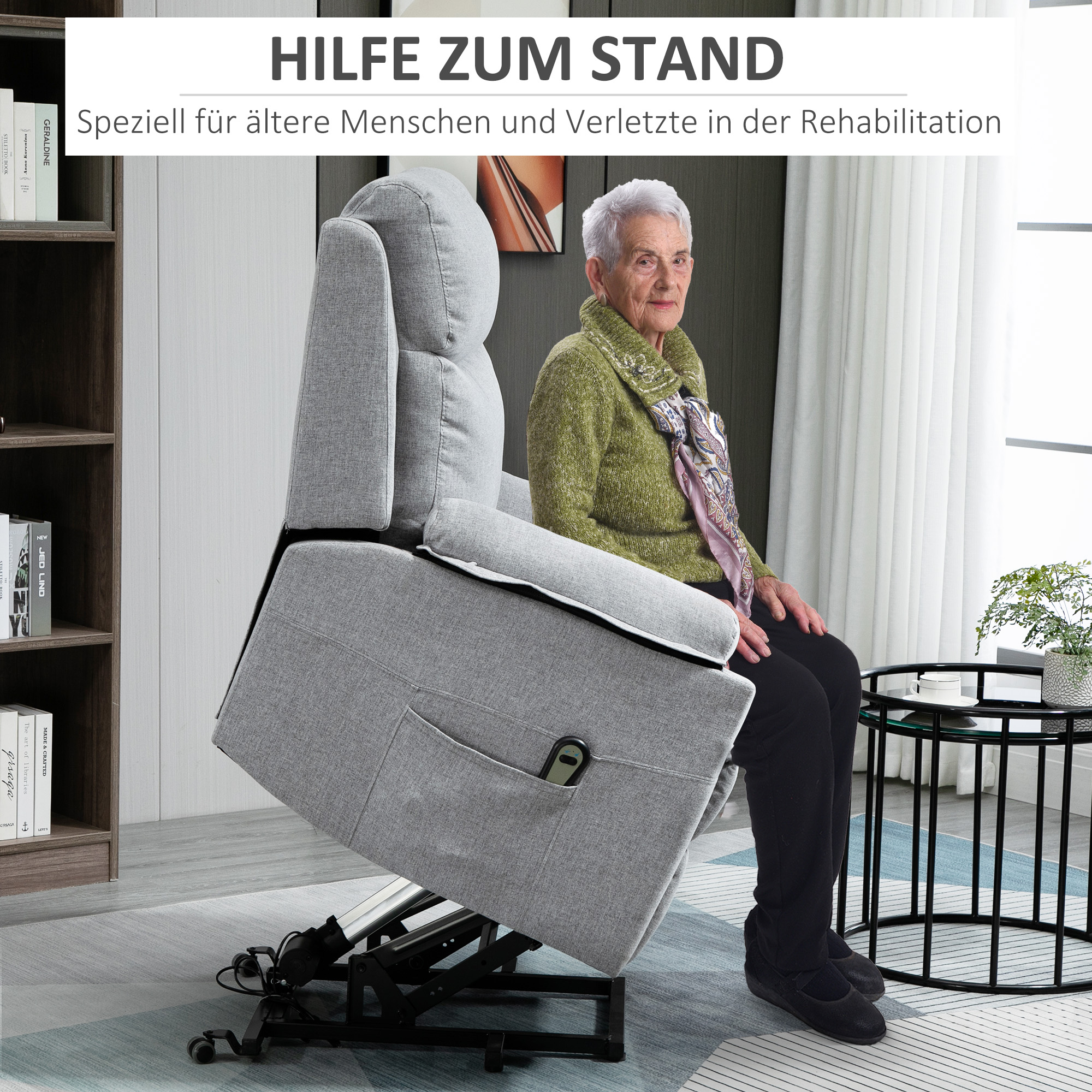 Relaxsessel mit Aufstehhilfe, elektrisch, Liegefunktion, Fernbedienung, Taschenfederkern, bis 120 kg, Grau