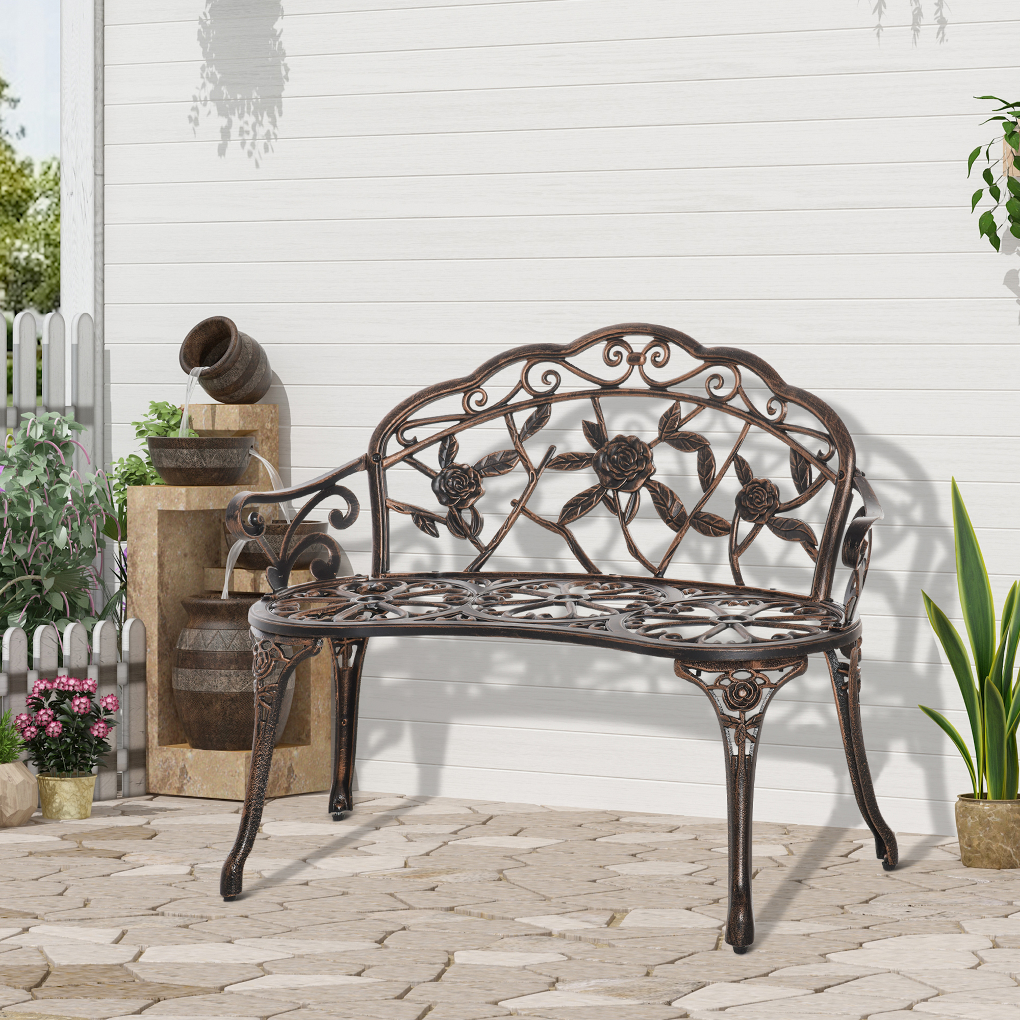 Gartenbank 2-Sitzer aus Metall, Sitzbank im Retro Stil, Parkbank mit Blumenmuster 100 x 54 x 78 cm, Bronze