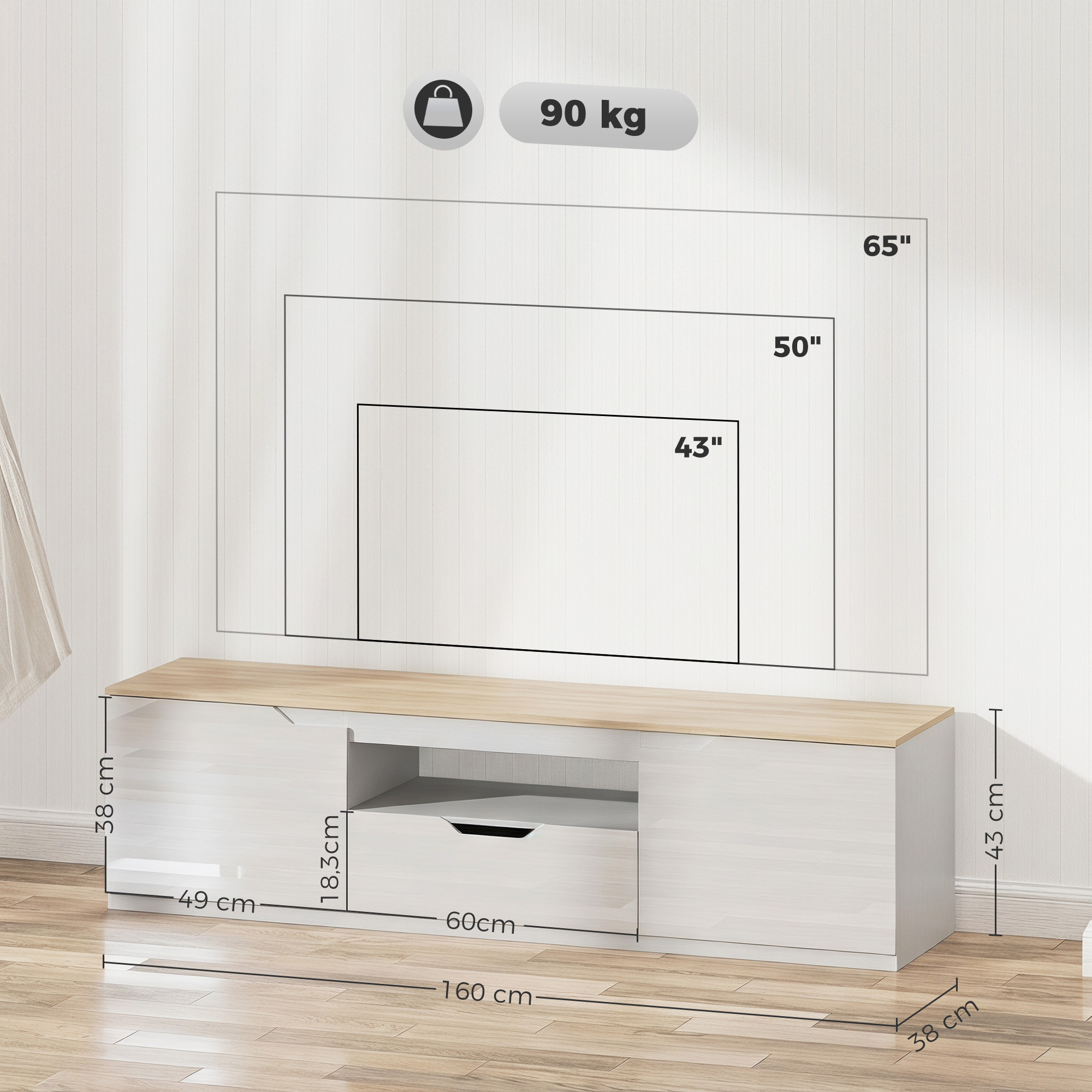TV-Lowboard, Hochglanz, für Fernseher bis 65'', 3 Fächer, Schublade, 160 x 38 x 43 cm, Naturholz