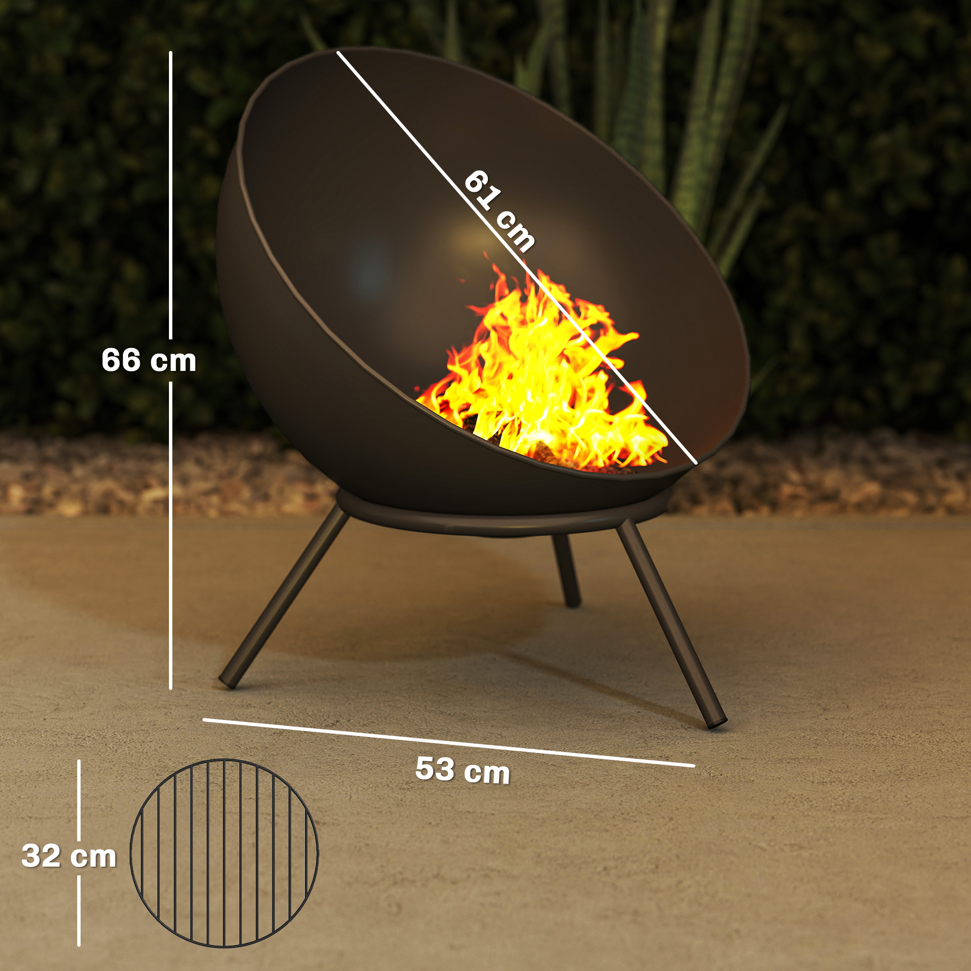 Feuerschale 60 x 53 x 66cm verstellbar Feuerstelle mit Schürhaken Kohlegitter Ständer Schwarz