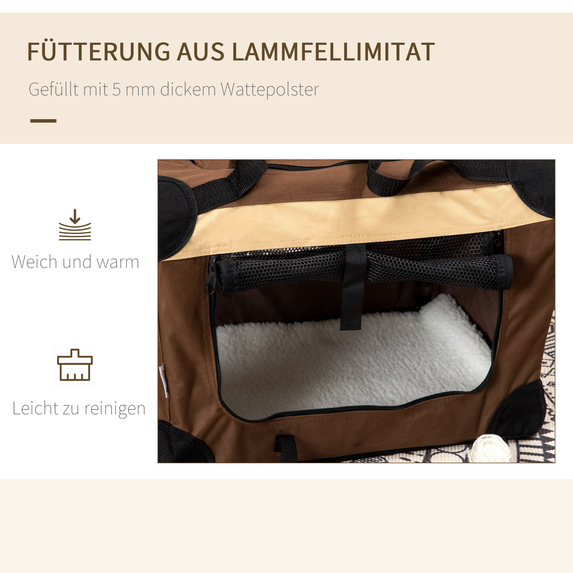 Hundetasche Hundetransporttasche, 3 Eingänge, faltbar, 70 x 51 x 50 cm, Braun + Beige