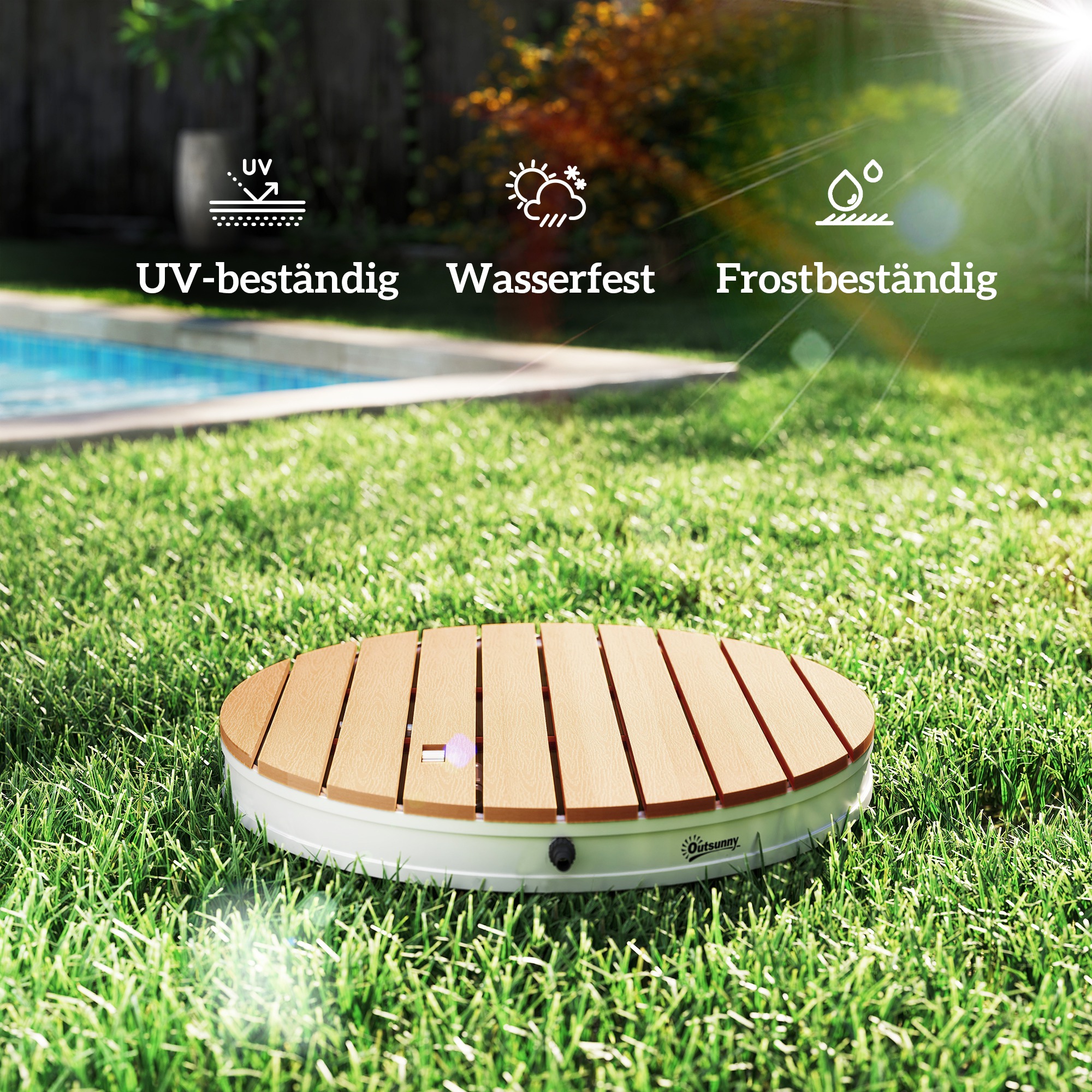Tragbares Außenduschen-Set mit anpassbarer Fontäne, Aluminiumbasis, UV- und Frost-resistent, Naturholzoptik