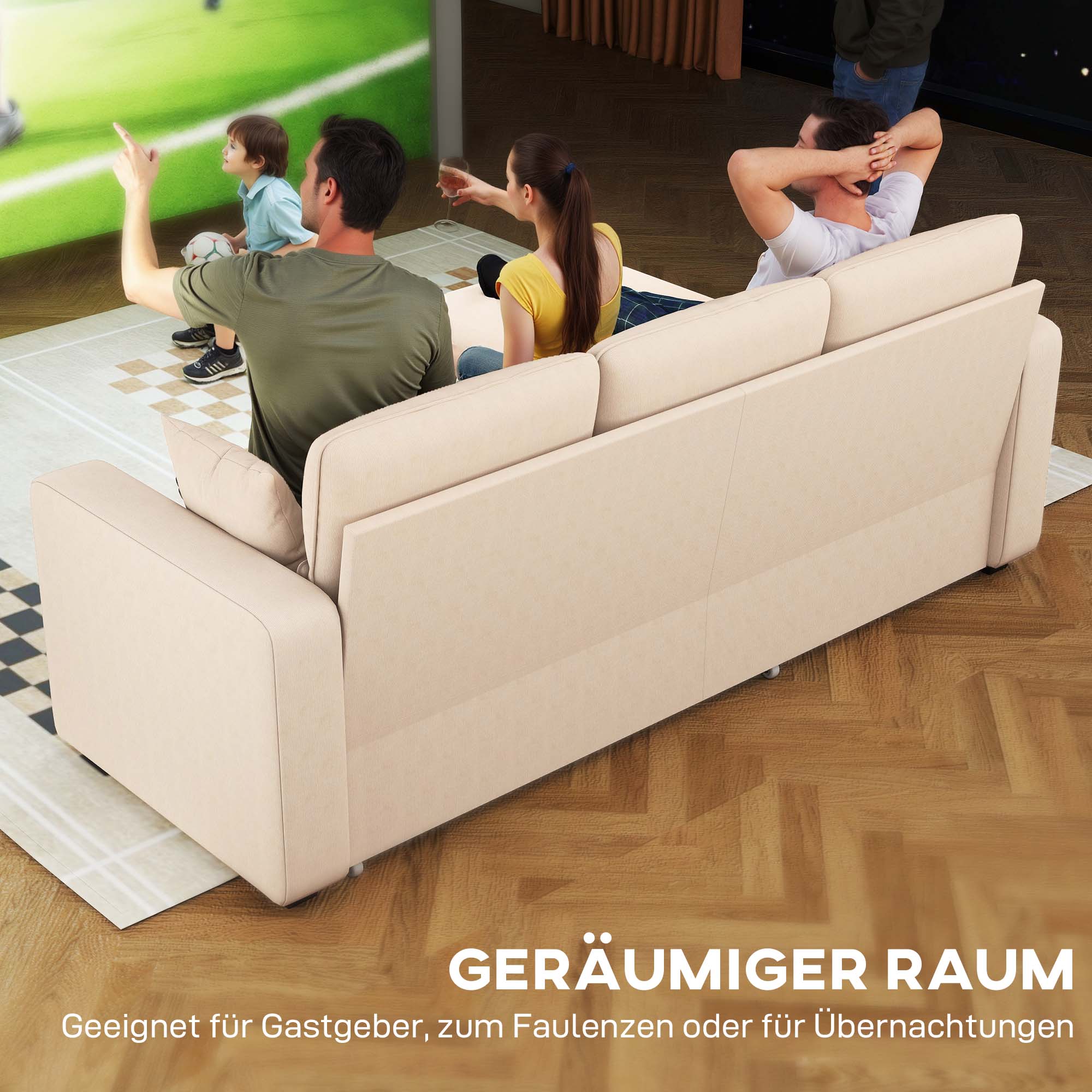 Verstellbares Bettsofa, L-förmiges Gästesofa mit Bettfunktion, Stauraum, Kissen, für Wohnzimmer, Gästezimmer, Beige