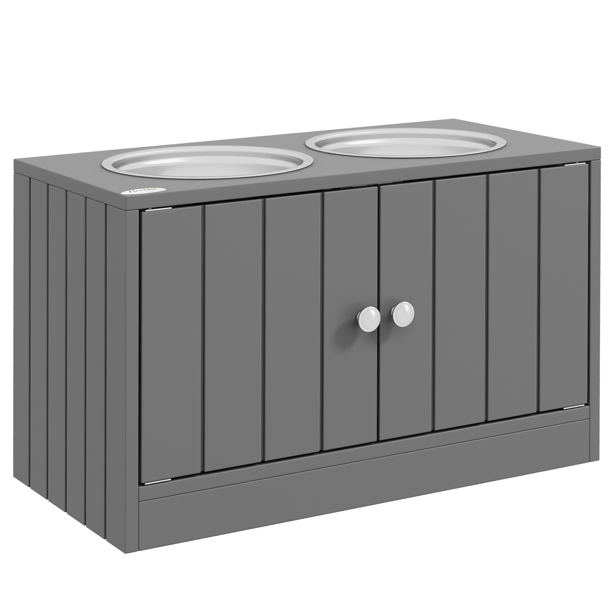 Erhöhte Futterstation mit 2 Edelstahlschüsseln und 44 L Stauraum, Magnettüren, für große Hunde, Grau