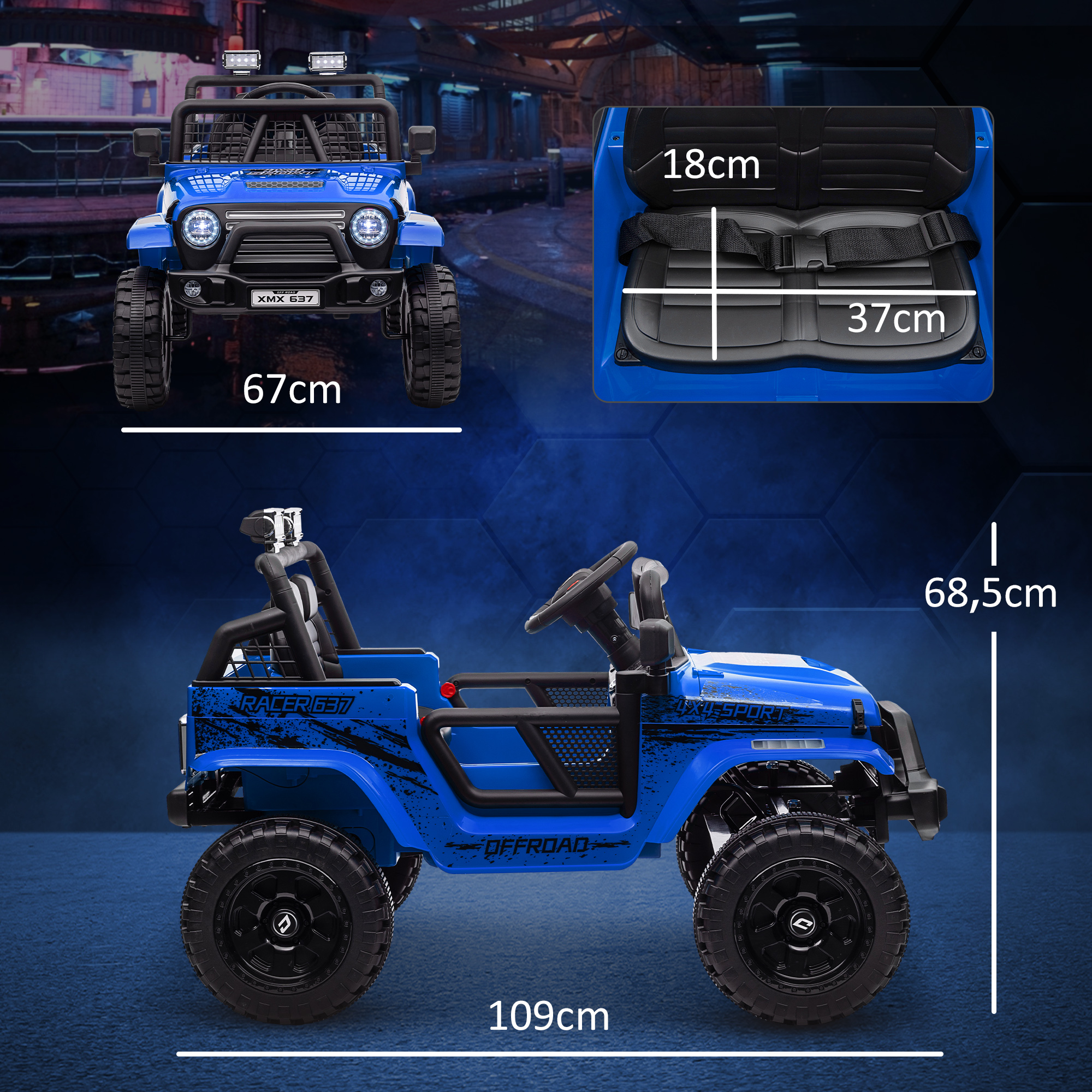 Kinder-Elektroauto mit sanfter Federung, fernsteuerbar, LED-Lichter, Hupe, 12V-Motoren, aus Kunststoff und Metall, Blau