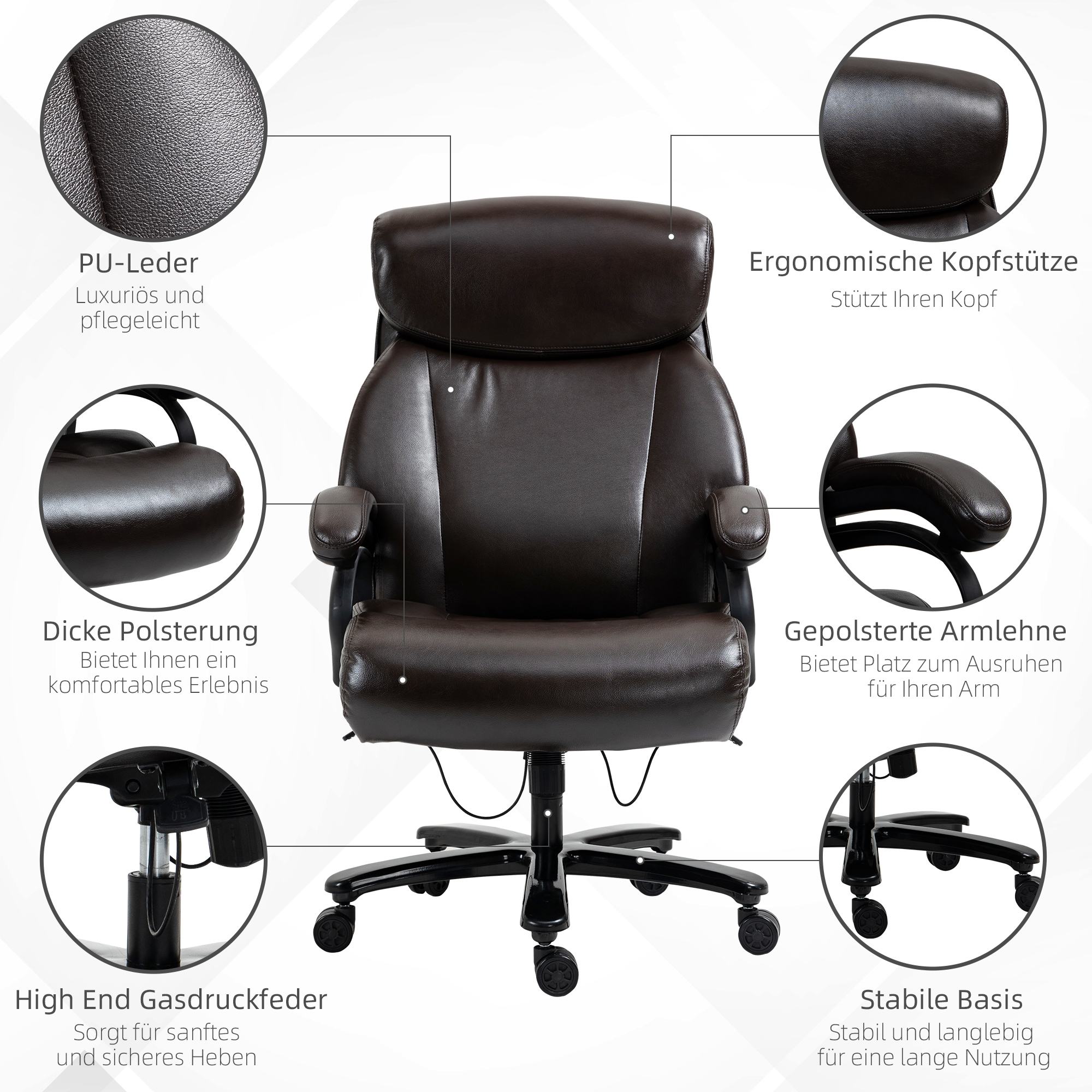 Bürostuhl Chefsessel Gaming Stuhl Drehstuhl Wippfunktion Dicke Polsterung 180 kg Belastbarkeit ergonomisches Design höhenverstellbar Kunstleder Braun 72x83x114-122 cm