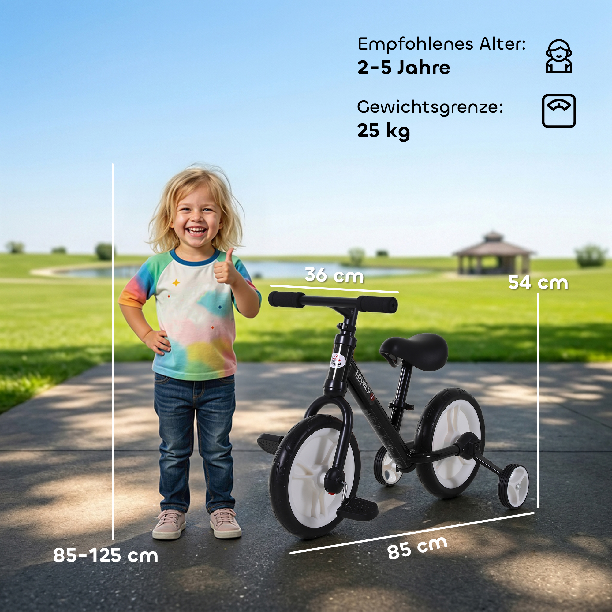 Kinder Laufrad ab 2-5 Jahre Lauflernrad mit Stützrädern, Pedalen, Höhenverstellbarem Sitz, Spielzeug Balance Bike für Kleinkinder Erste Geburtstag Geschenk, Schwarz