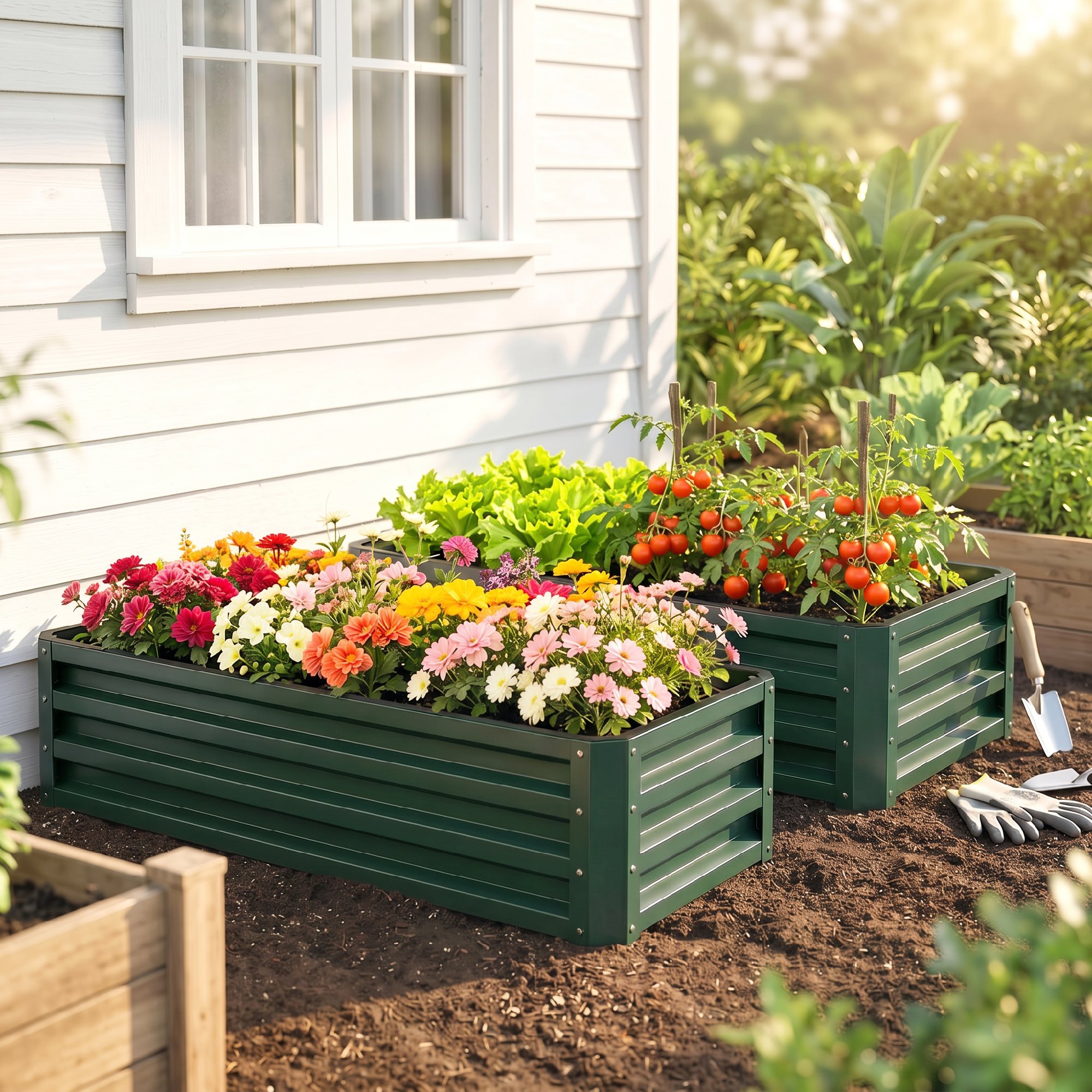 Hochbeet Metall 2er-Set, Offener Boden, Für Garten Balkon, 110x50x30cm, Grün