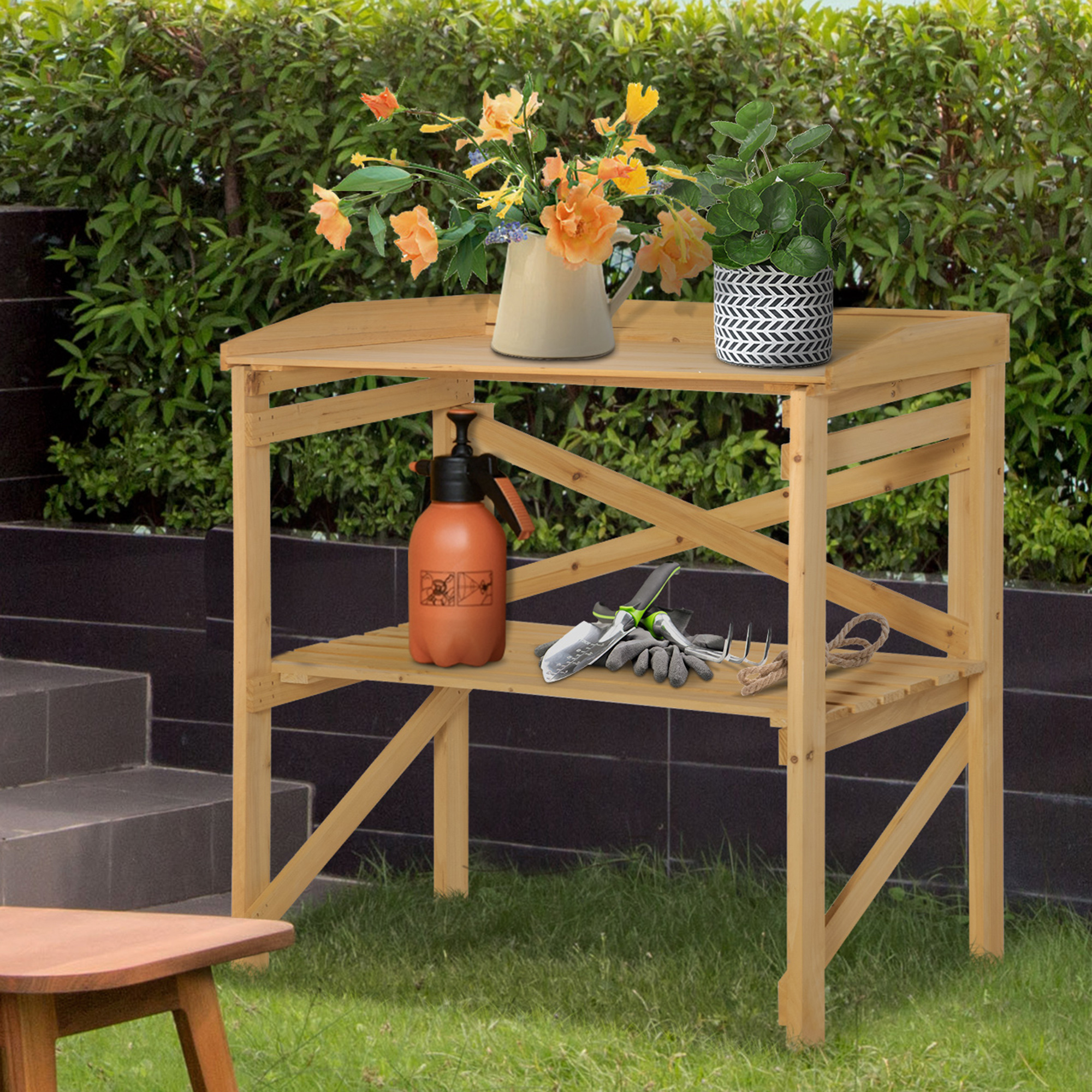 Pflanztisch mit Ablagefläche Blumentisch Gärtnertisch Garten Holz Hellbraun 80 x 40 x 84 cm