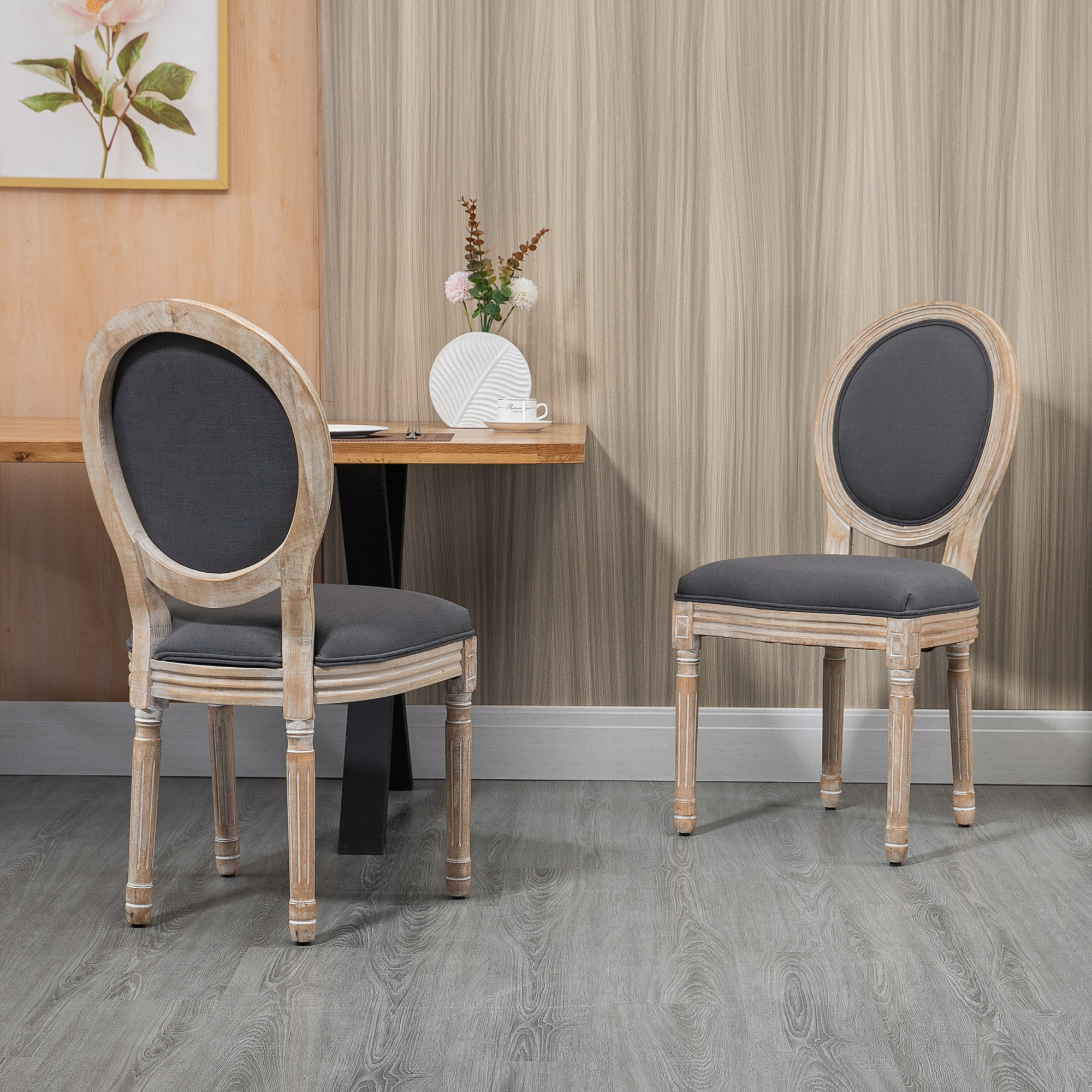 Esszimmerstühle 2er Set Küchenstuhl mit Rückenlehne, Leinenoptik für Esstisch, Grau+Natur