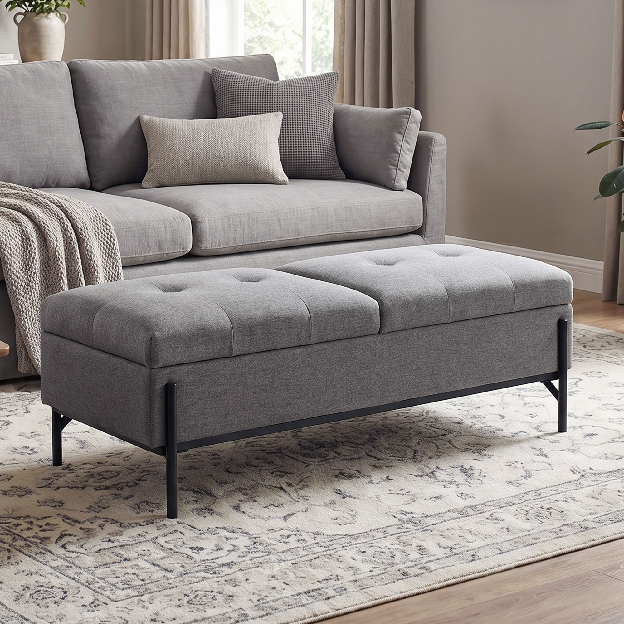 Sitztruhe aus Leinen, Bettbank mit 2 Fächern, klappbaren Deckeln und extra dicker Polsterung, 117 x 50 x 44 cm