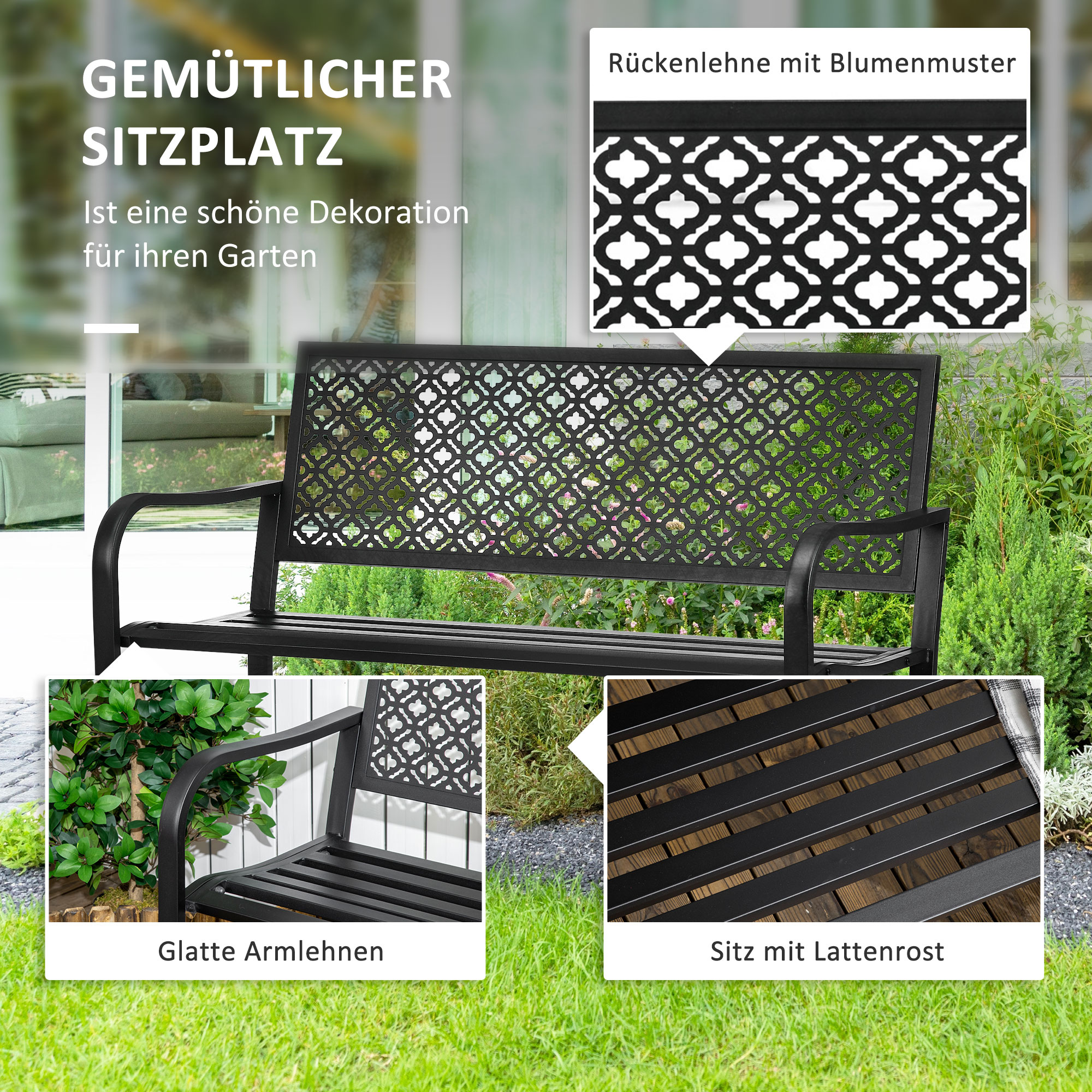 Gartenbank aus Metall, 2-Sitzer, Blumenmuster, wetterbeständig, 127 x 63 x 83cm, Schwarz