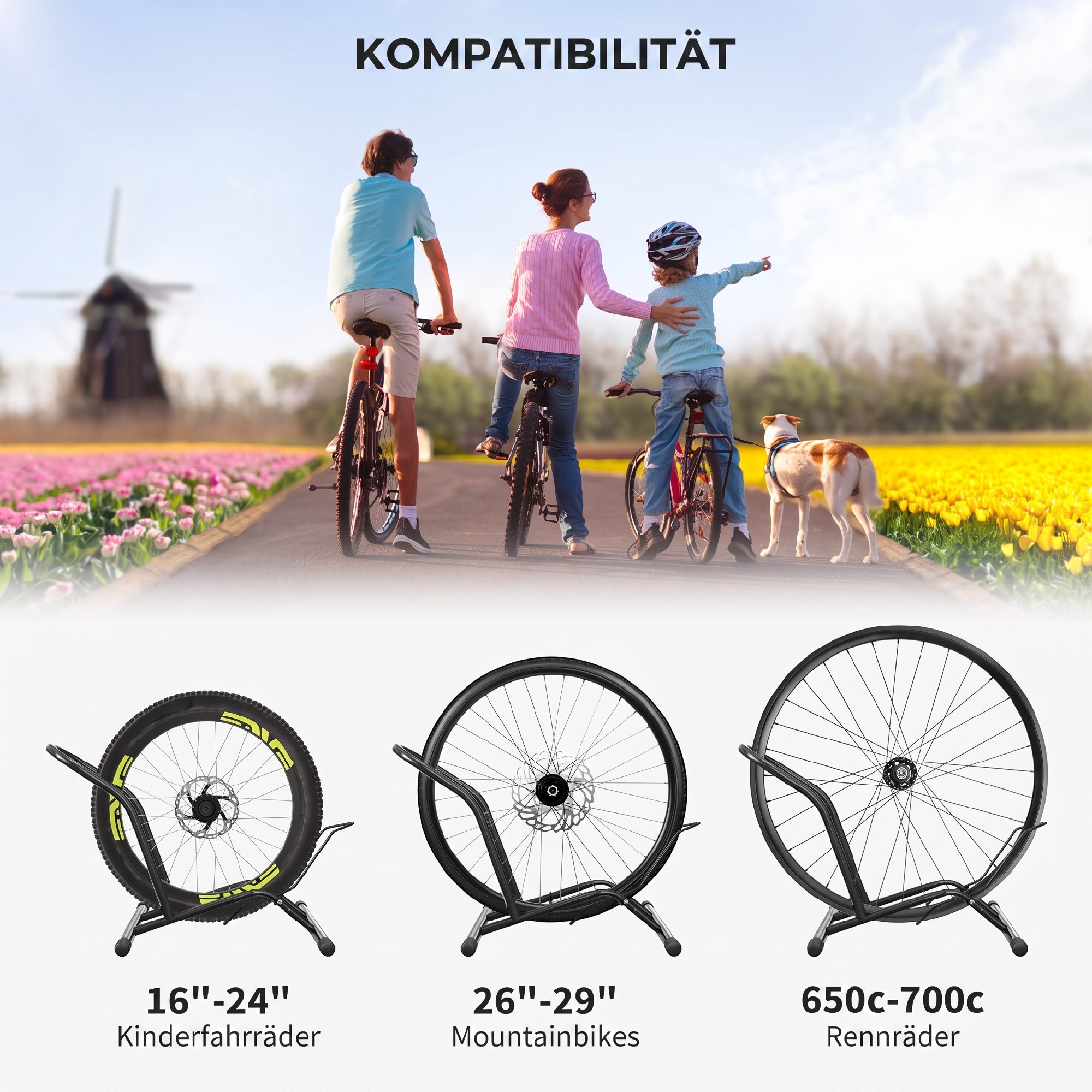 Fahrradständer für Fahrräder Stahl Fahrradhalter mit 85 mm Reifenbreiten freistehender 59 x 41 x 38 cm Schwarz