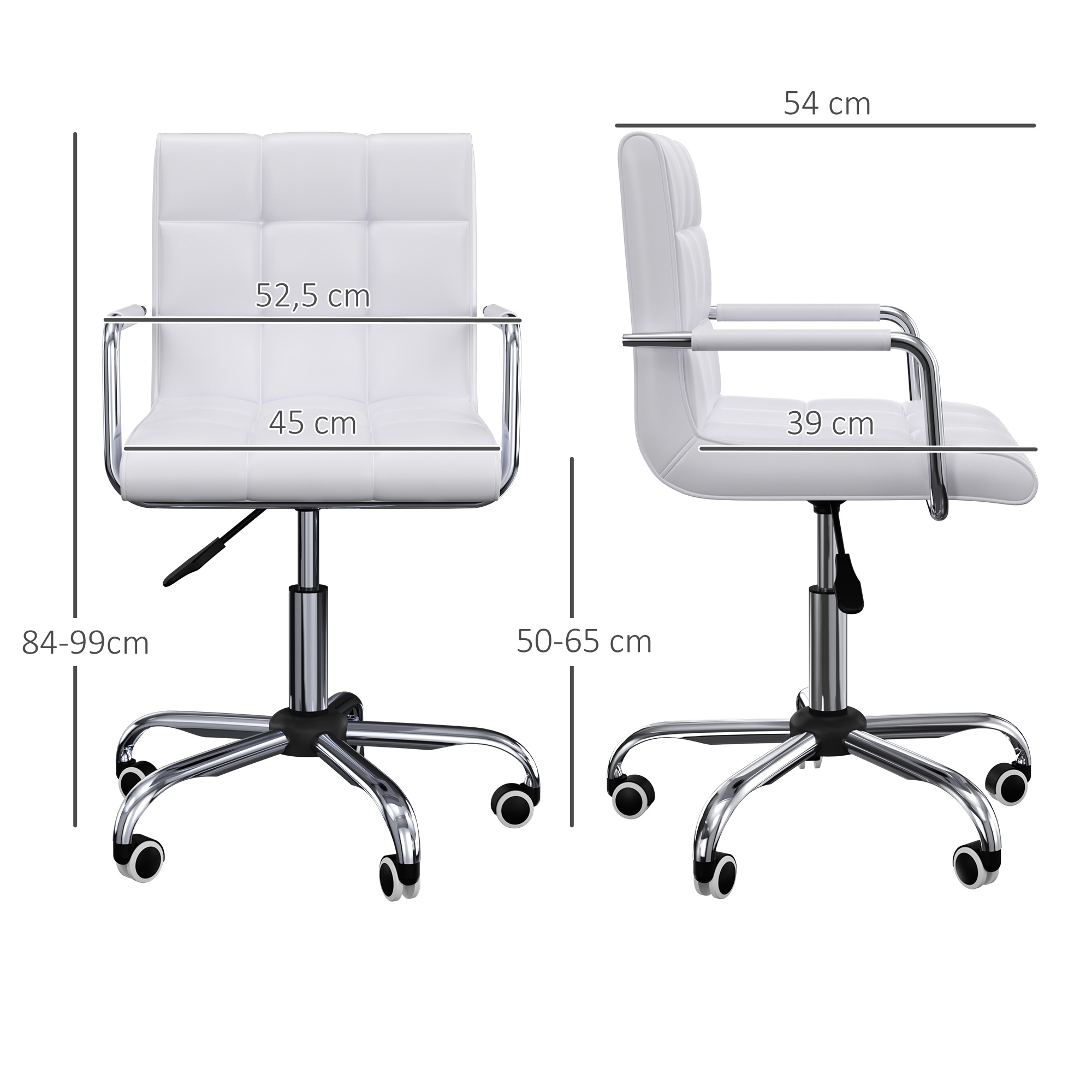 Bürostuhl im Retrodesign, höhenverstellbar, 5 Rollen, 52,5 cm x 54 cm x 99 cm, Weiß