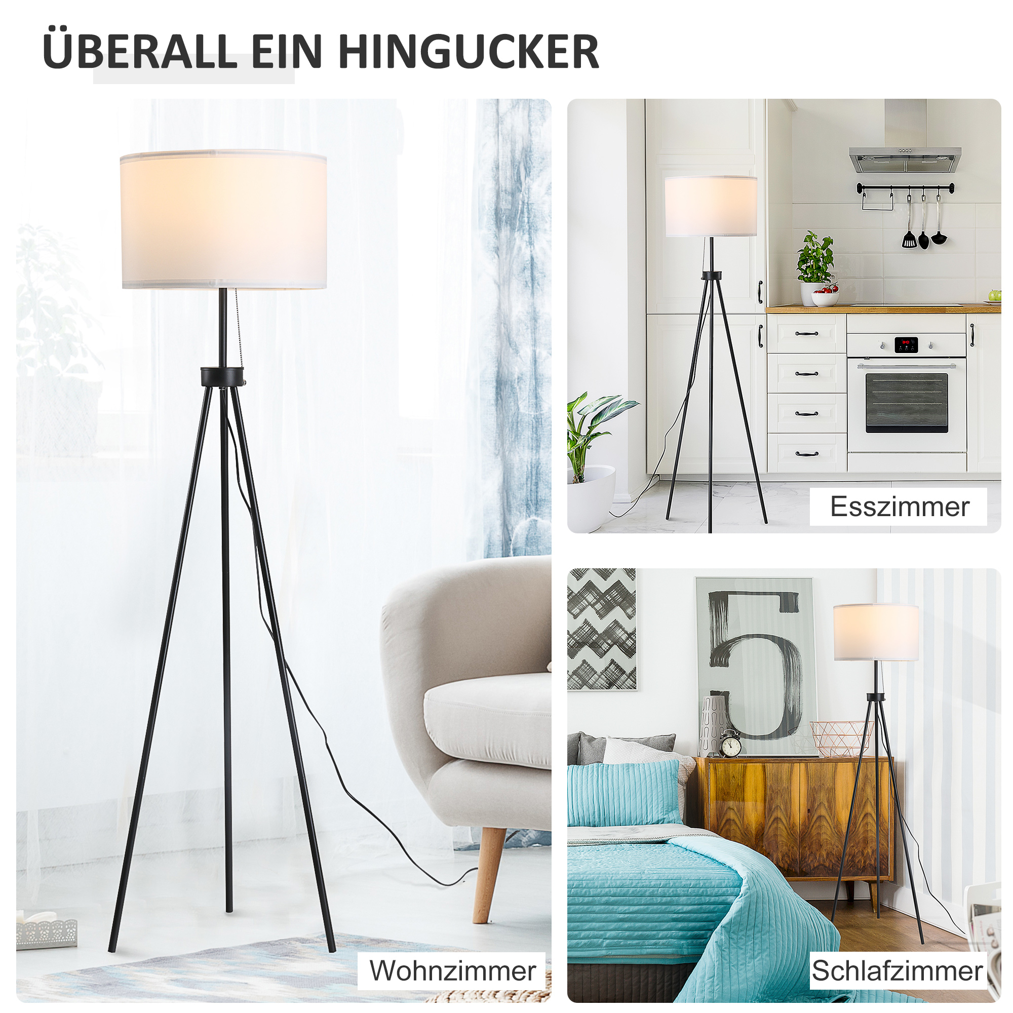 Stehlampe mit Lampenschirm aus Polyester und Baumwolle, Standleuchte Stehleuchte mit E27 Fassung für Wohnzimmer, Schlafzimmer, Weiß, exkl. Glühbirne