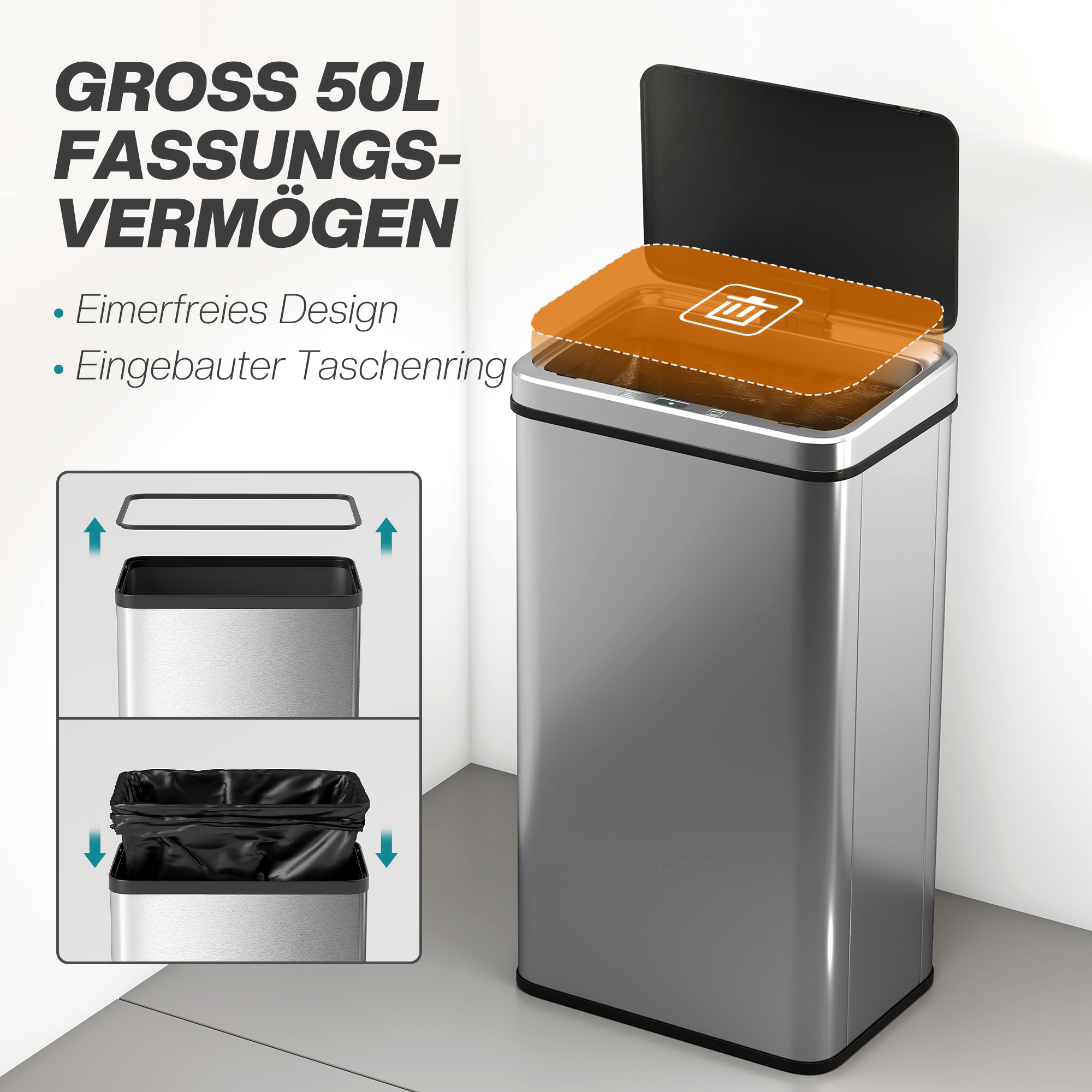 Sensor Mülleimer 50L Edelstahl Automatischer Mülleimer mit Soft-Close-Deckel Bewegungssensor 35,5 x 26 x 67 cm Silber