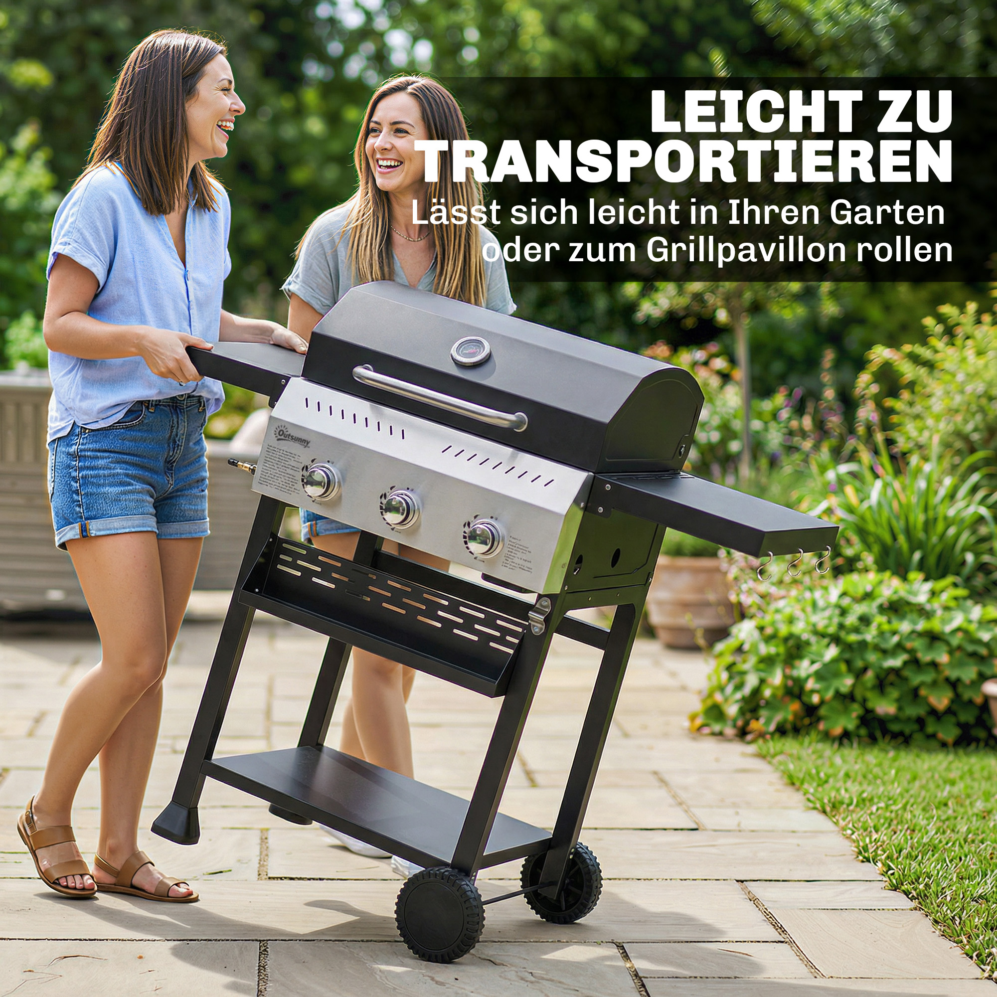Gasgrill 9kW 3 Brenner BBQ Grillwagen Edelstahl inkl klappbar Seitentisch Gewürzhalter Unterregal 6 Haken