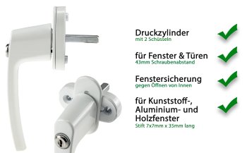 Abschließbarer Fenstergriff, weiß, 2 Schrauben, 2 Schlüssel