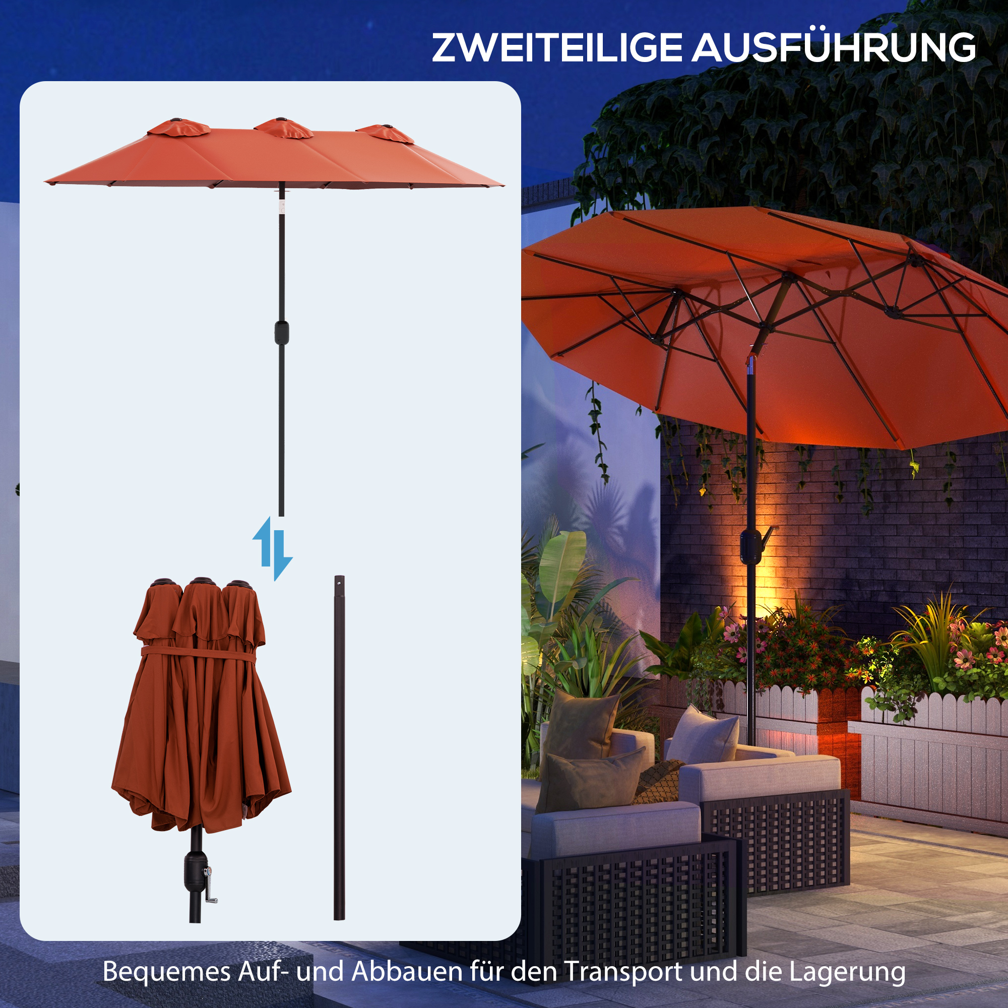 Sonnenschirm, Gartenschirm, neigbar, mit Handkurbel, Winddach, Polyester+Stahl, Weinrot, 295 x 152 cm