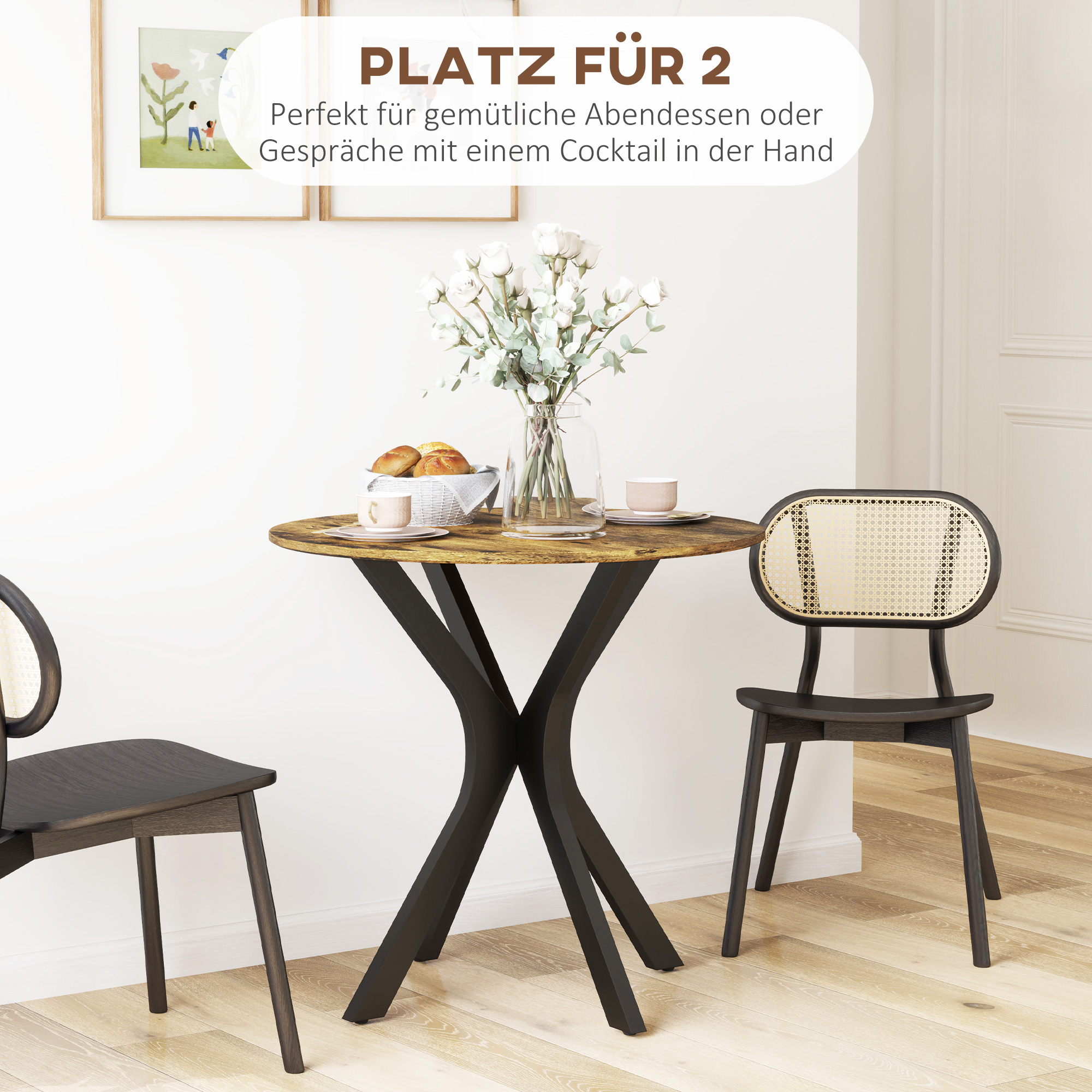 Küchentisch für 2 Personen, rund, pulverbeschichteter Stahlrahmen, Ø78 cm, rustikales Braun