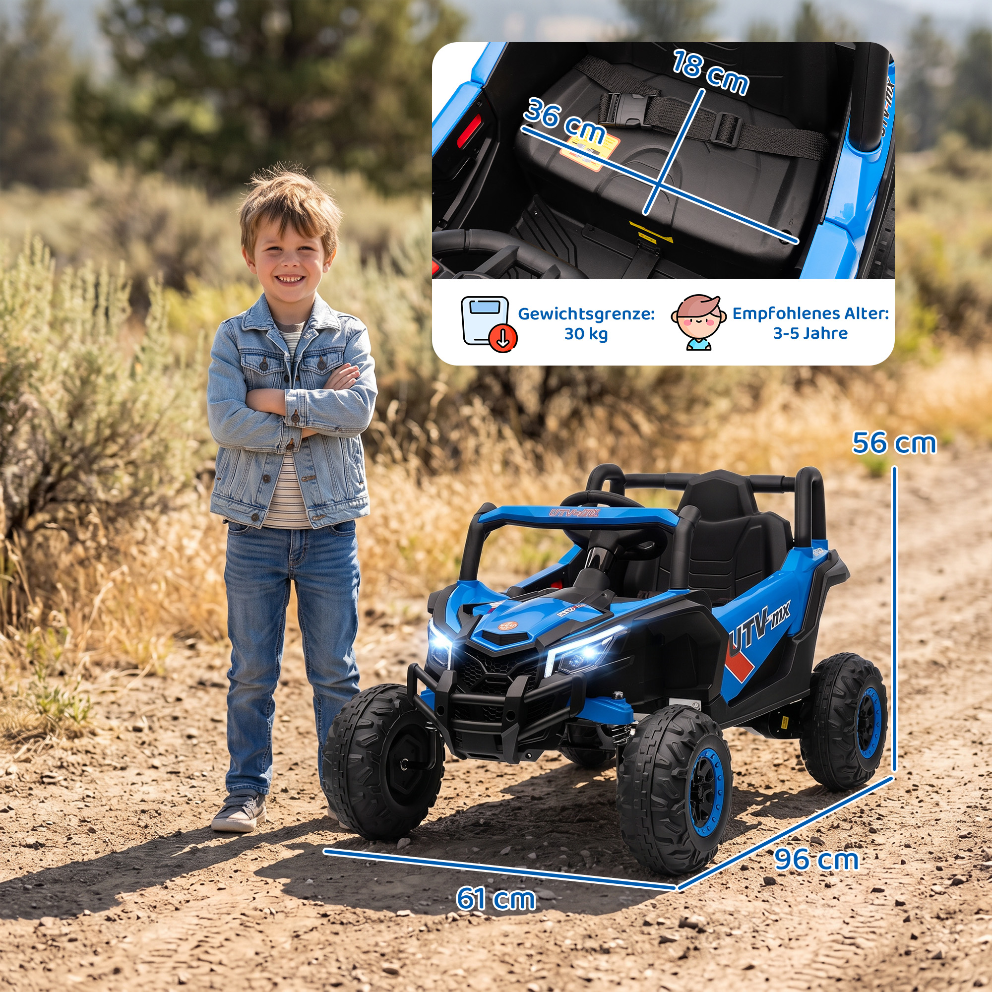 12V Elektroauto für Kinder, Fernbedienungsfunktion, Gurt, Hupe, LED-Lichter, USB-Port, für 3-5 Jahre, Blau