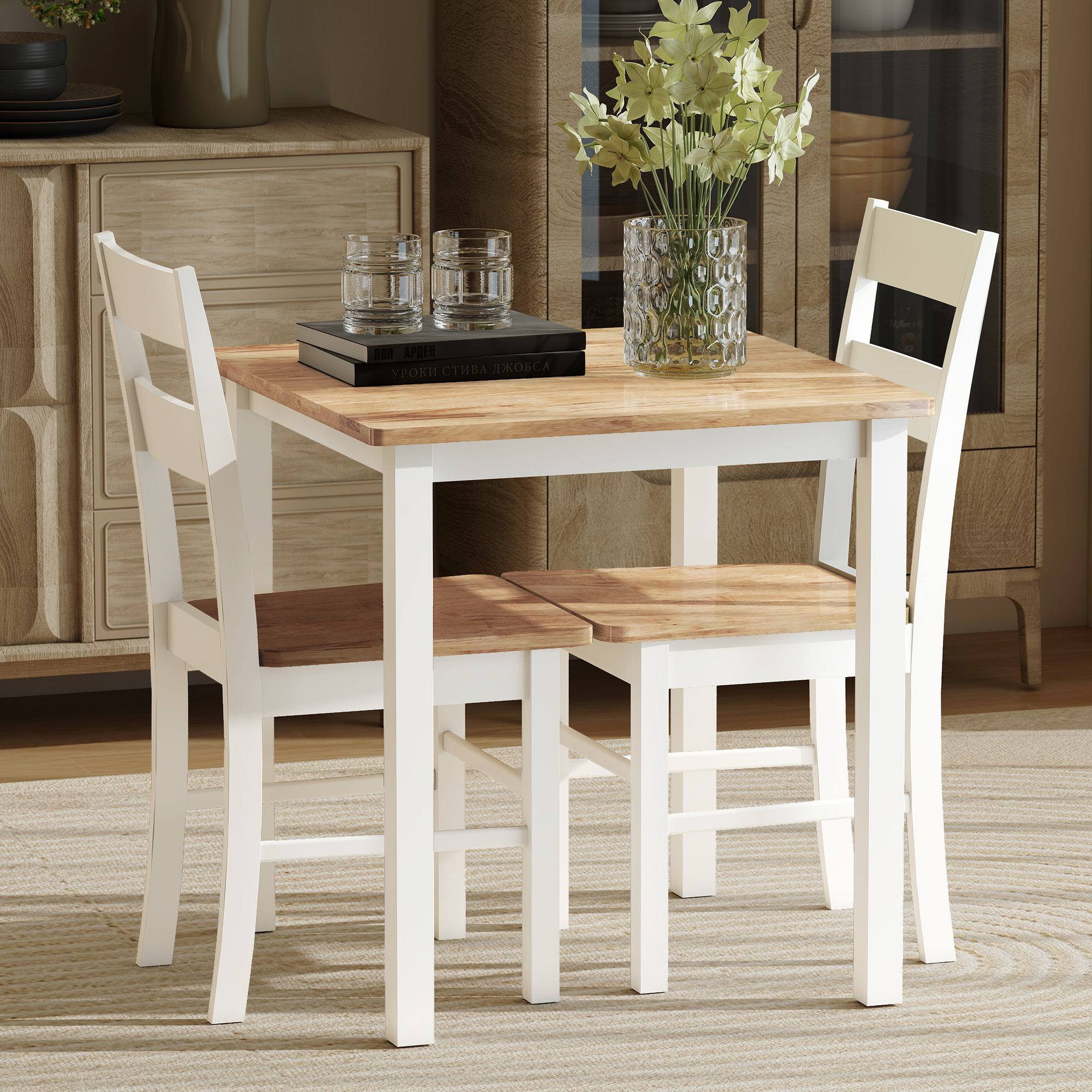 2er-Set Küchenstühle, Kautschukholz, gebogene Sprossenlehne, Weiß