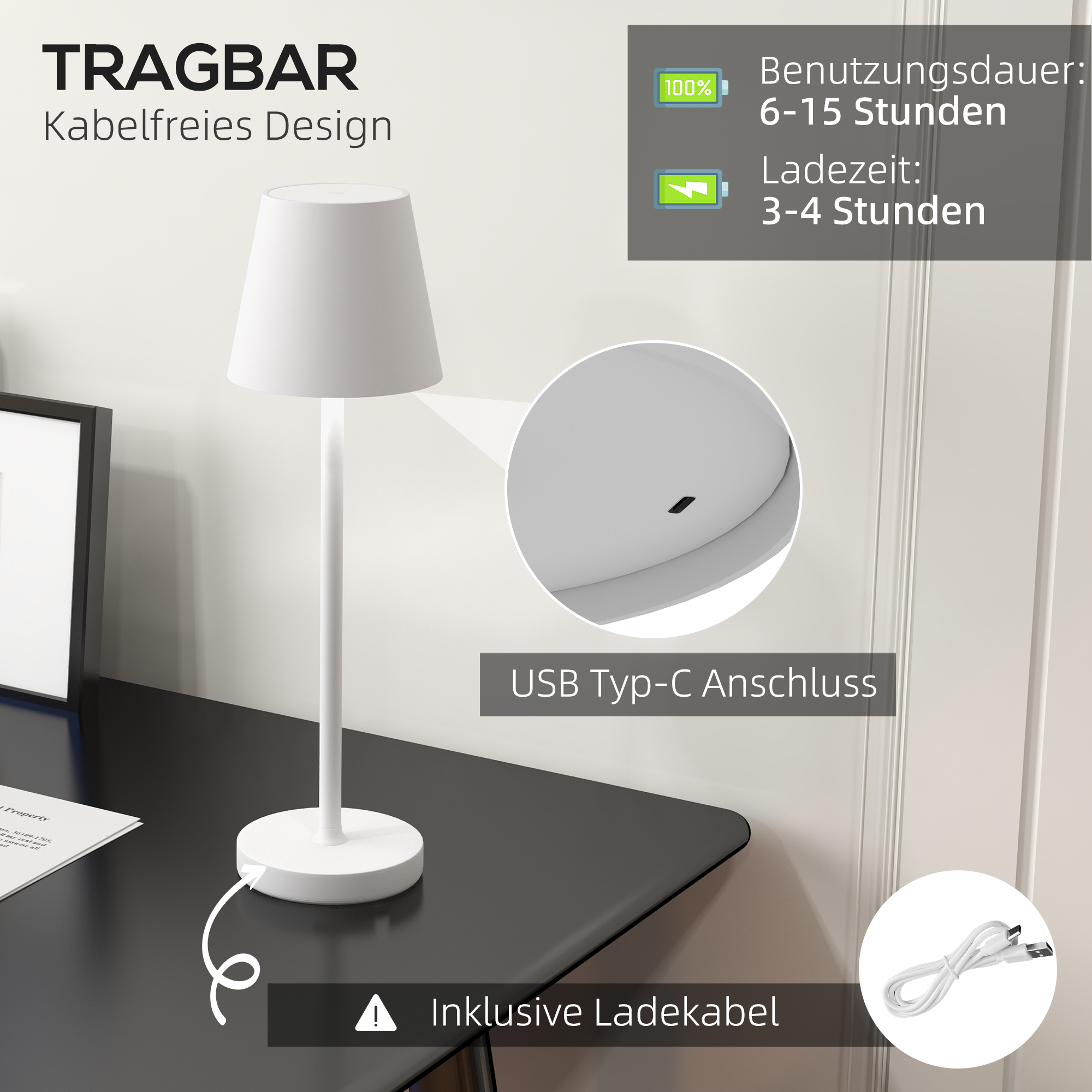Aufladbare USB-Tischleuchte mit 3 Lichtfarben, Tragbare USB-Nachttischlampe mit Touch-Schalter, Metall, Weiß