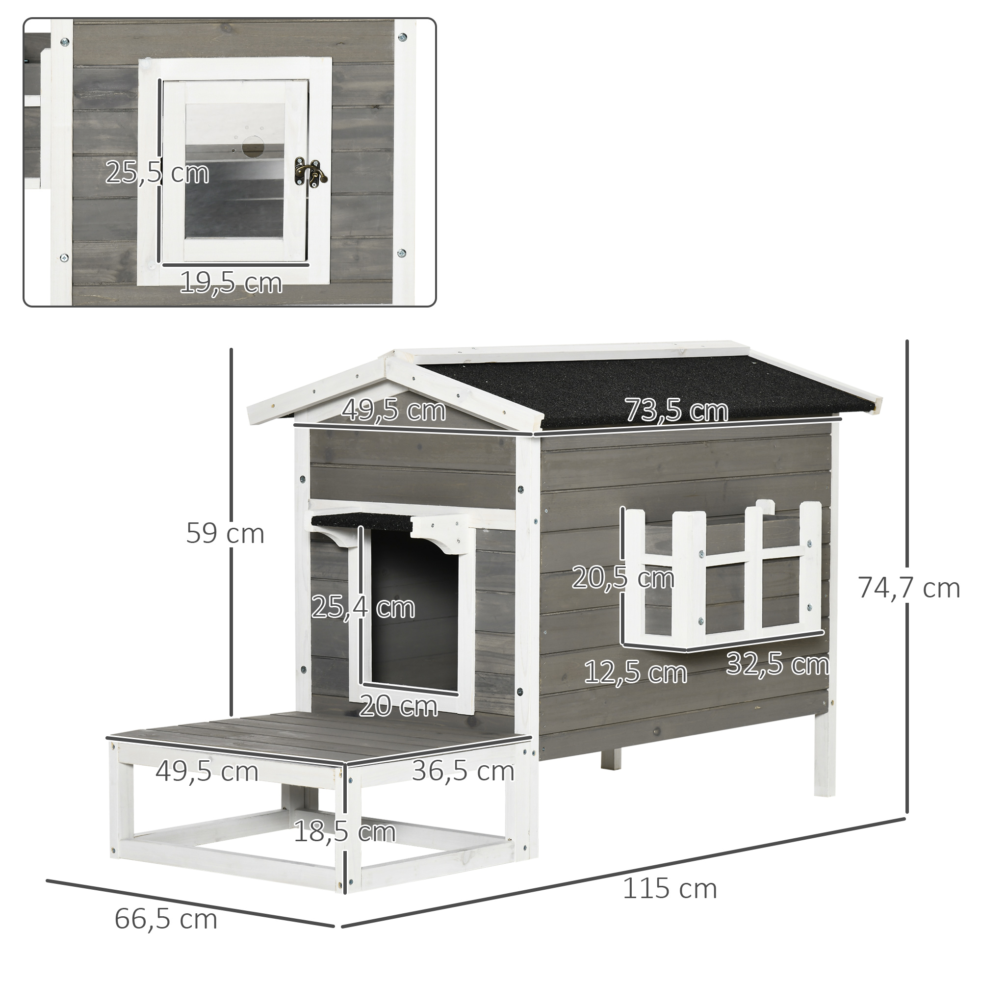 Katzenhaus aus Holz, winterfest wasserdicht Katzenhütte mit Asphaltdach  Terrasse Katzenhöhle Katzenkiste Outdoor Schutzhütte für Draußen Garten Balkon 115 x 66,5 x 74,7 cm Grau+Weiß